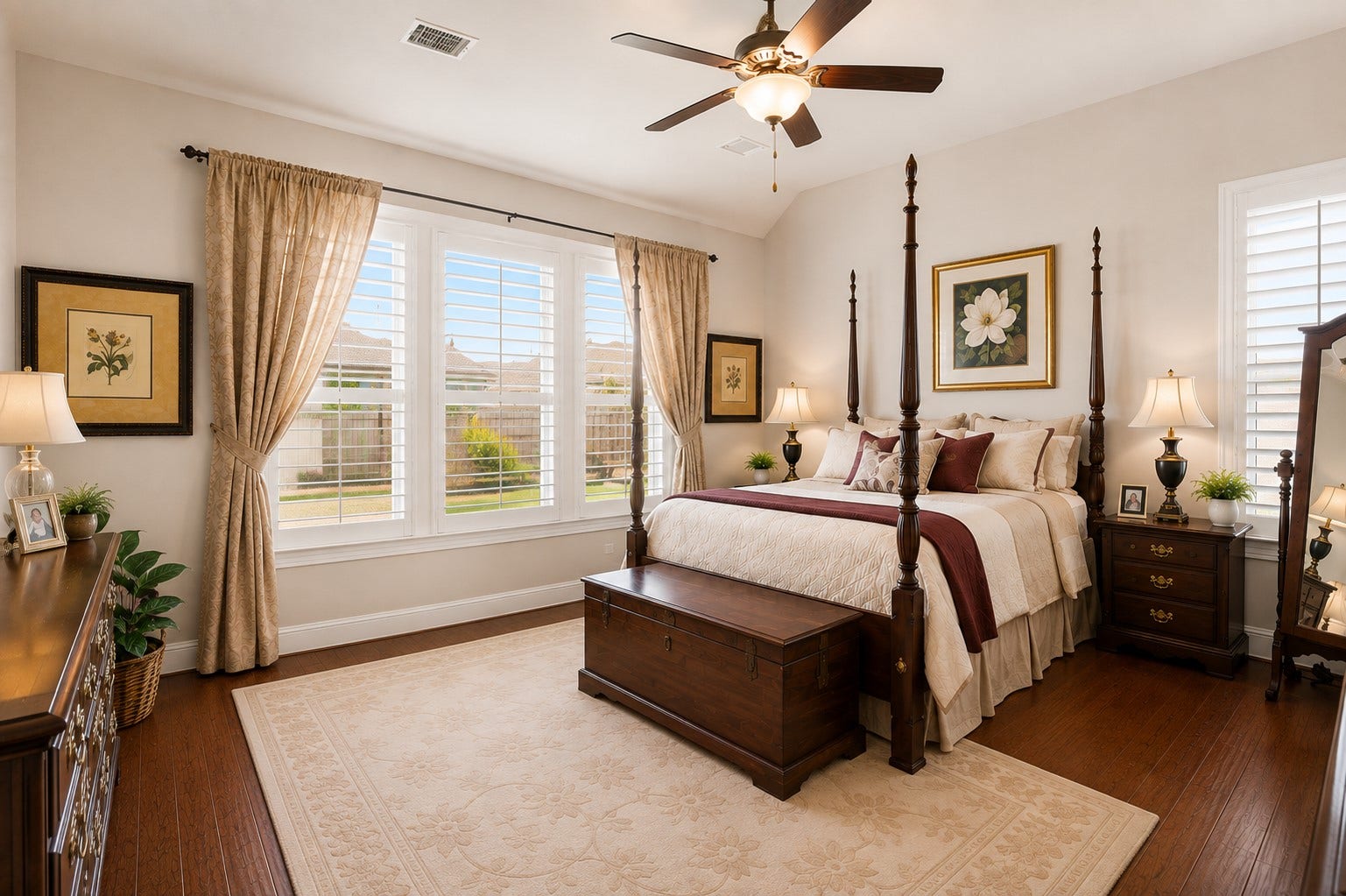 1714 Hartford Mills Lane, League City, TX 77573 The primary bedroom offers a private en-suite bath with a custom walk-in closet, wood flooring and plantation shutters