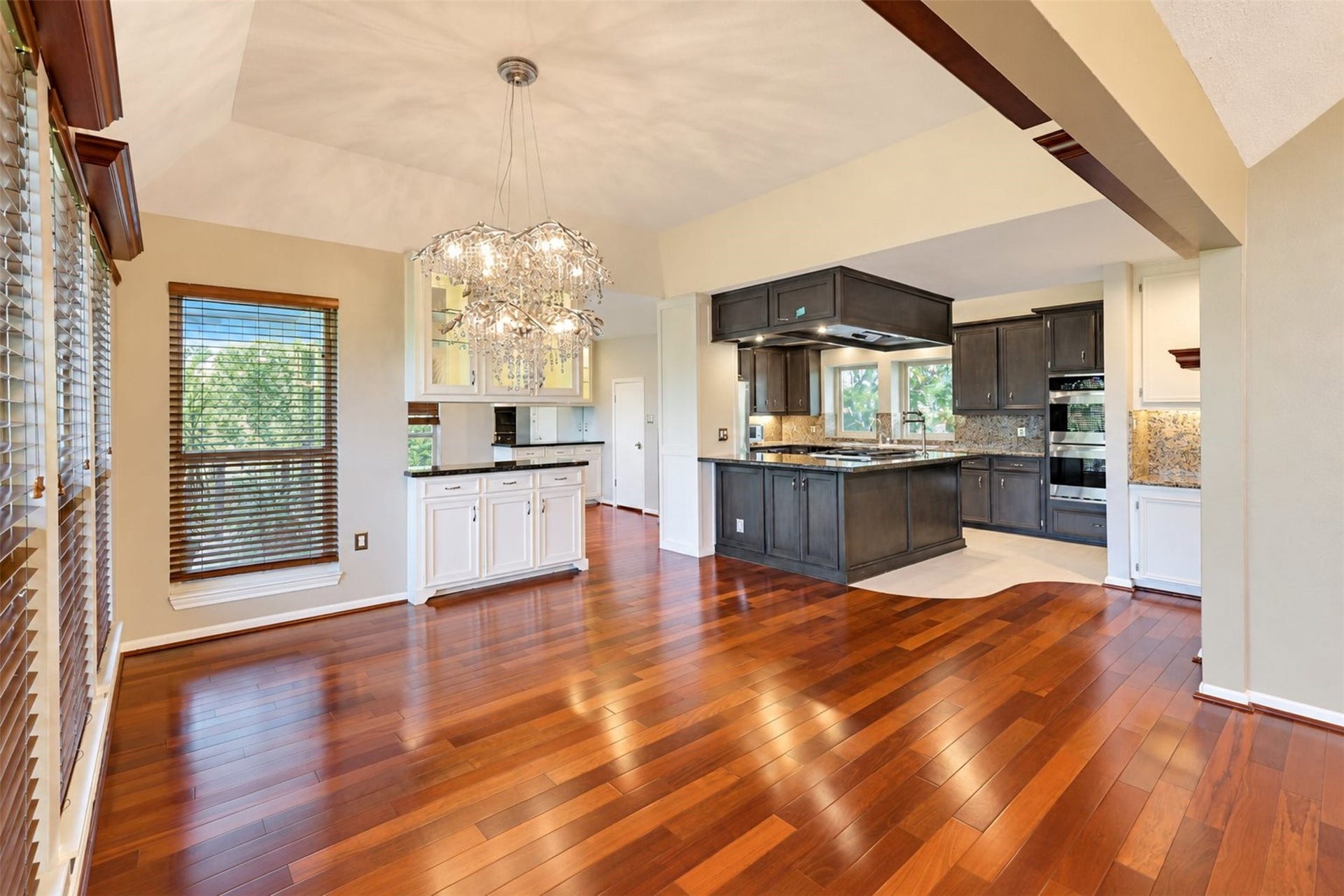 Dining room features a stunning chandelier.