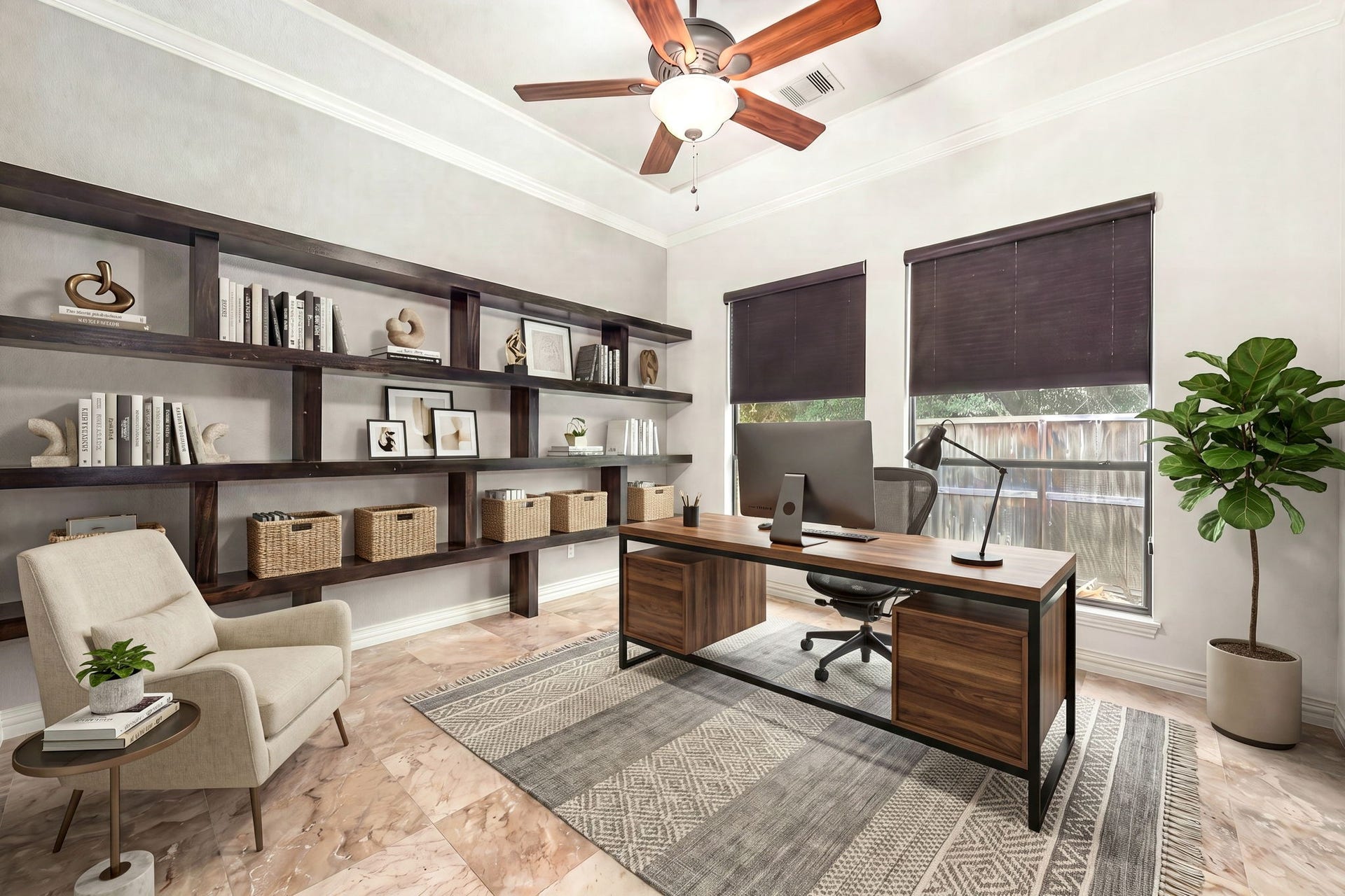 195 Oarwood Place, The Woodlands, TX 77389 Private home office with high ceilings, large windows for natural light, and built-in shelving for plenty of storage and display space. A perfect setting for working from home, studying, or creating a quiet reading room. Virtually staged.