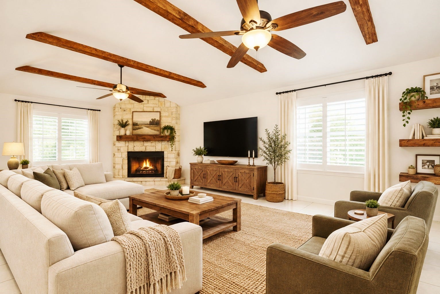 Very spacious open floor plan perfect for get togethers that leads into the living room with a beautiful fireplace and ceiling beams. *Virtualy staged