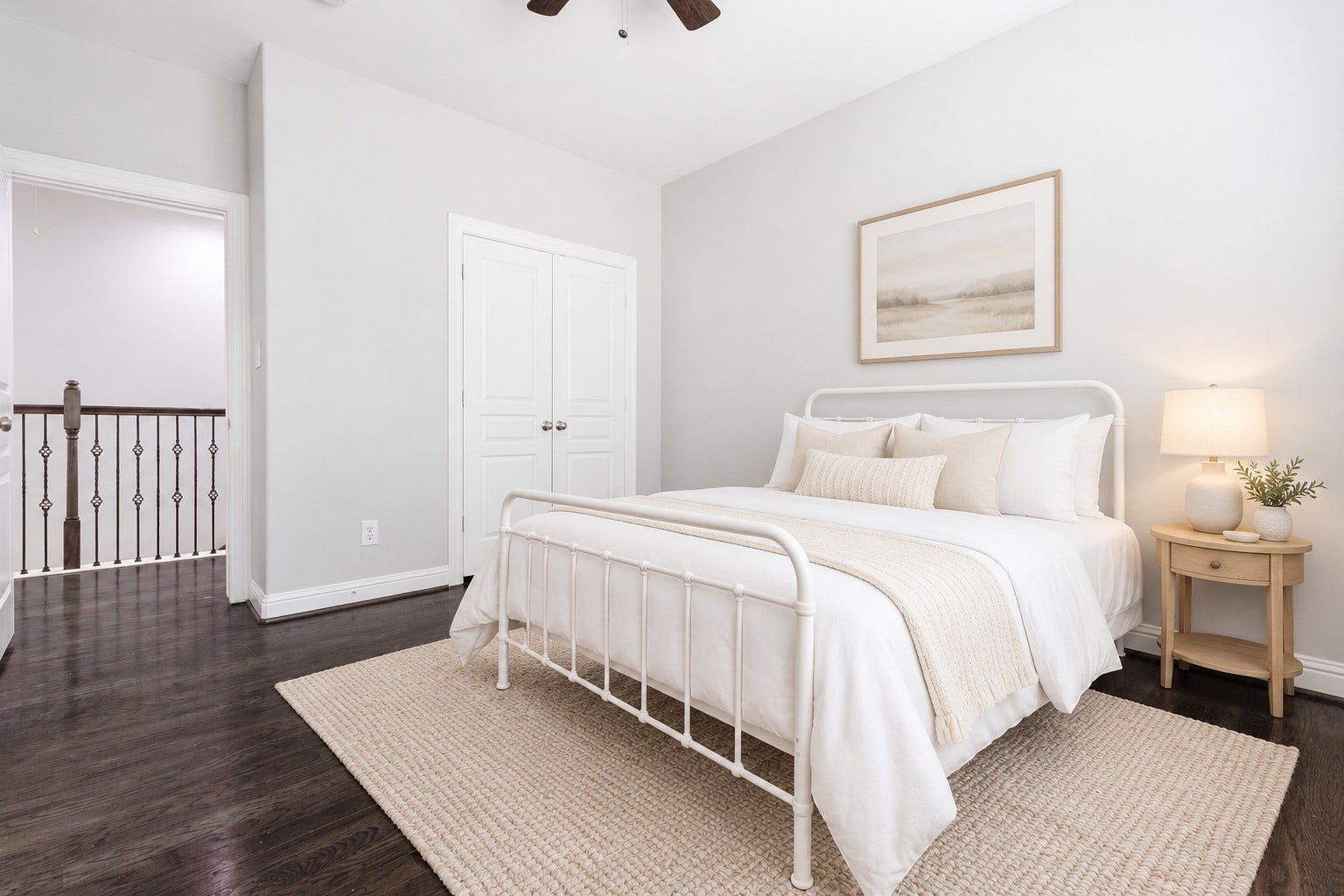 bet your guests could imagine winding down in this peaceful third bedroom on the 3rd floor, and then waking up under crisp white linens. This space was virtually staged to help you understand what it feels like to enjoy this space.