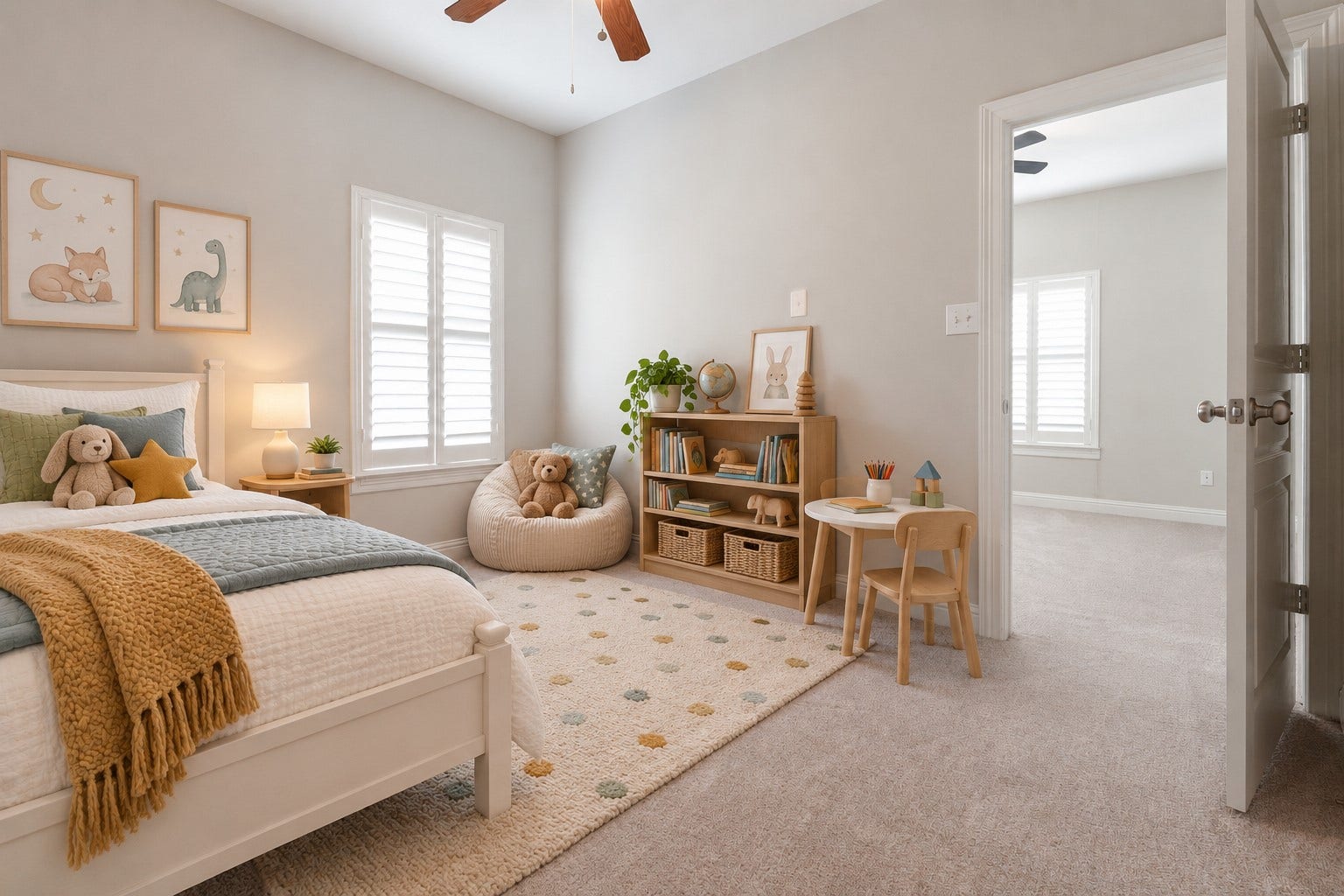 Add a cozy bed, a reading spot, and space to play and this first floor bedroom is ready to go! This space was virtually staged to help you understand what it feels like to enjoy this space.