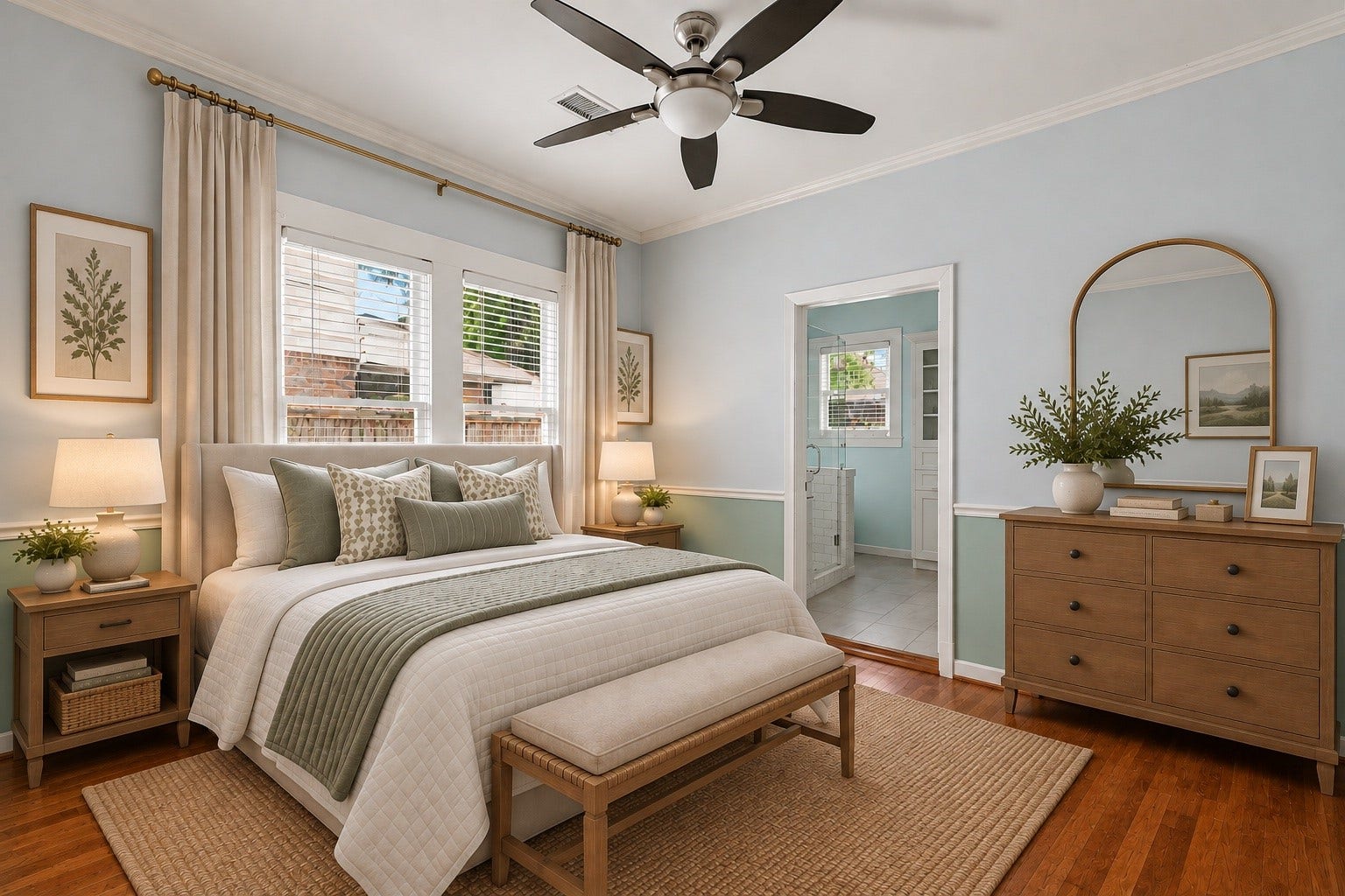 Primary bedroom features an ensuite bath, crown molding, and hardwood floors. Virtually staged.