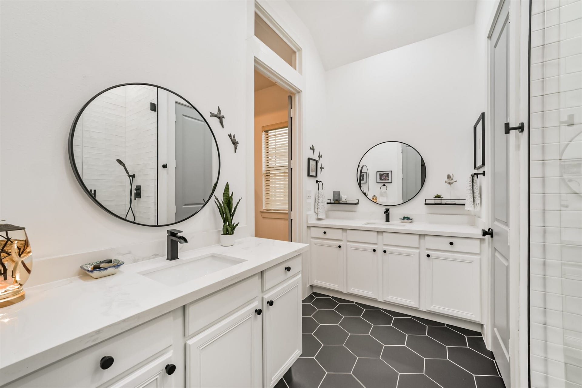 1721 W 24th Street, Houston, TX 77008 Double sinks in primary bathroom with gorgeous hexagonal tile floors!