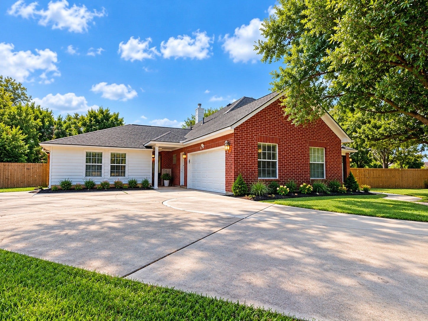 4030 Larkspur Street, Alvin, TX 77511 Charming two-story home with a striking red brick facade and a spacious driveway, surrounded by lush greenery and mature trees for added privacy. Landscaping virtually added for appeal.