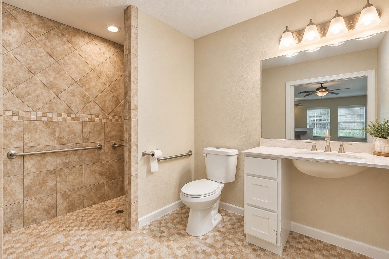 4030 Larkspur Street, Alvin, TX 77511 Spacious bathroom in the detached living quarters featuring a walk-in shower with elegant tilework, modern fixtures, and a large vanity with ample lighting.