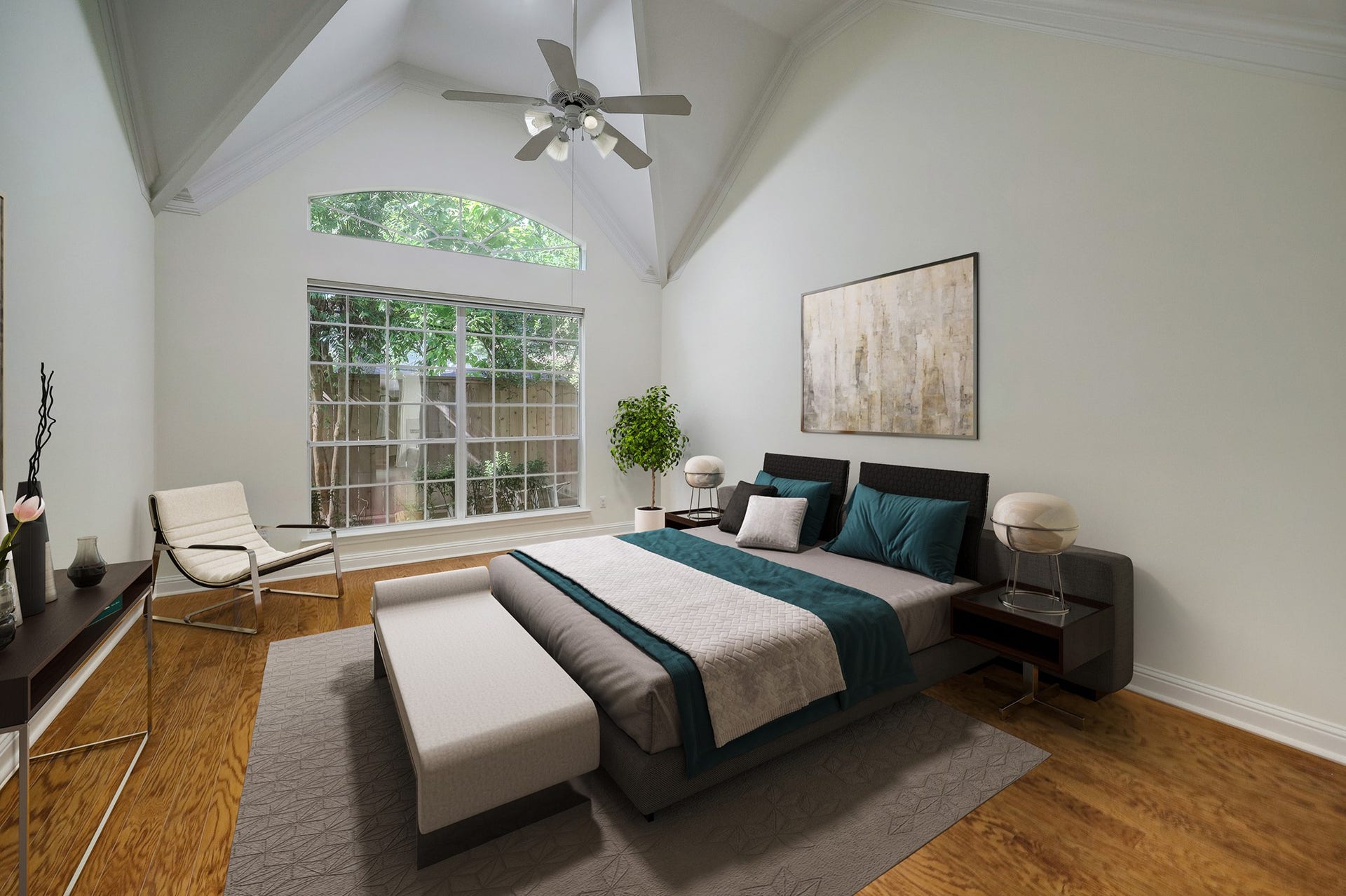 3608 Timberside Circle Drive, Houston, TX 77025 PRIMARY BEDROOM: Conveniently located on the first floor, this spacious retreat is filled with natural light no gloomy mornings here! Virtually staged to help you envision the possibilities.