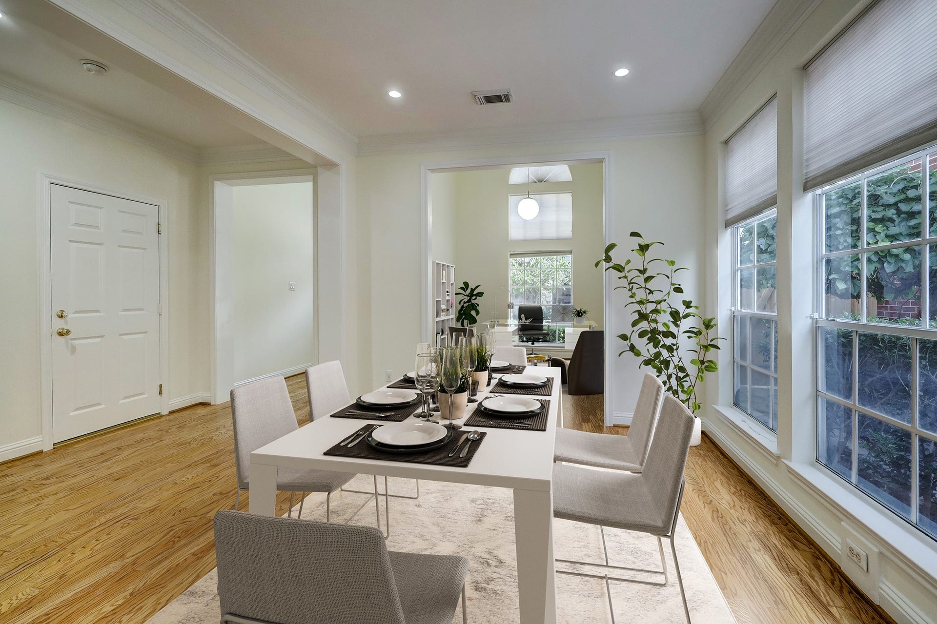 3608 Timberside Circle Drive, Houston, TX 77025 DINING: Located to the left of the entryway, the dining area seamlessly connects to the kitchen. The space is virtually staged to spark inspiration.