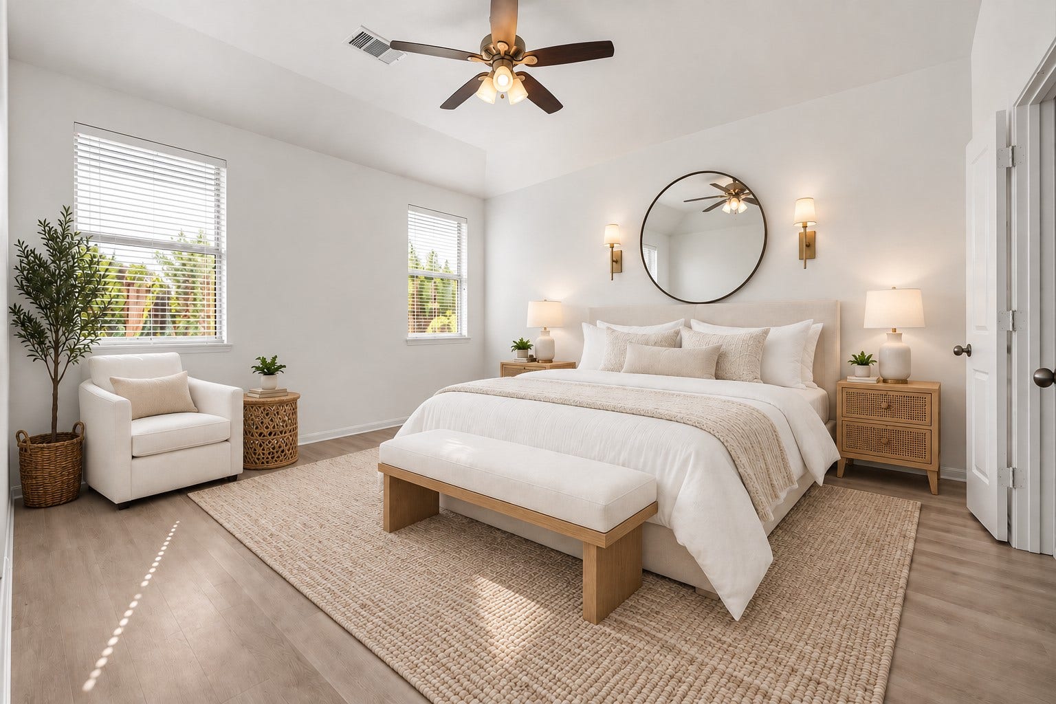 4707 Waukegan Road, Conroe, TX 77306 A staged view of the primary bedroom showcases how the space can be arranged, offering inspiration for creating a relaxing retreat at the end of the day. (Virtually Staged)