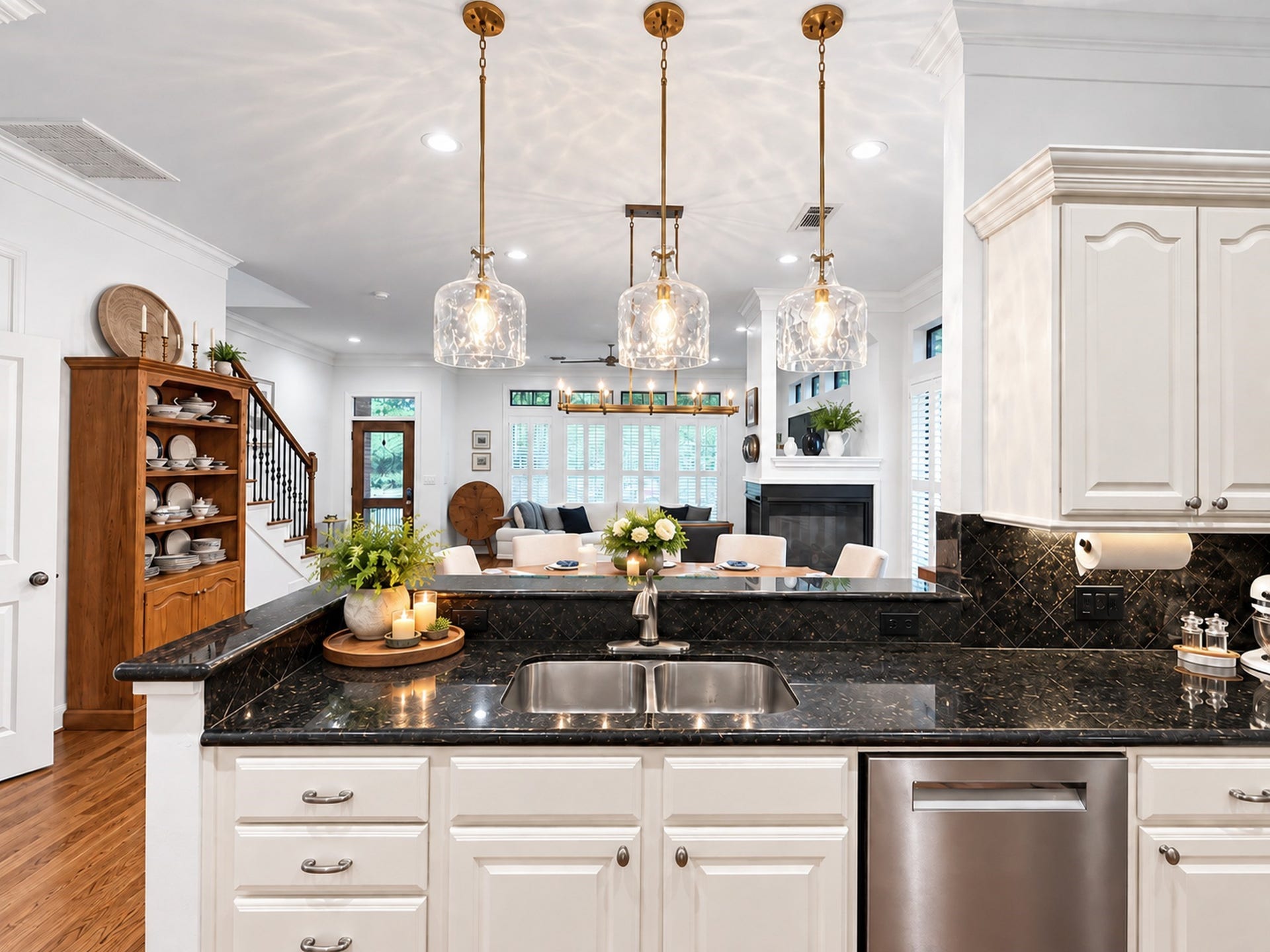 54 Riva Row, The Woodlands, TX 77380 New Designer Pendant Lighting coordinates with Dining Room Chandelier.