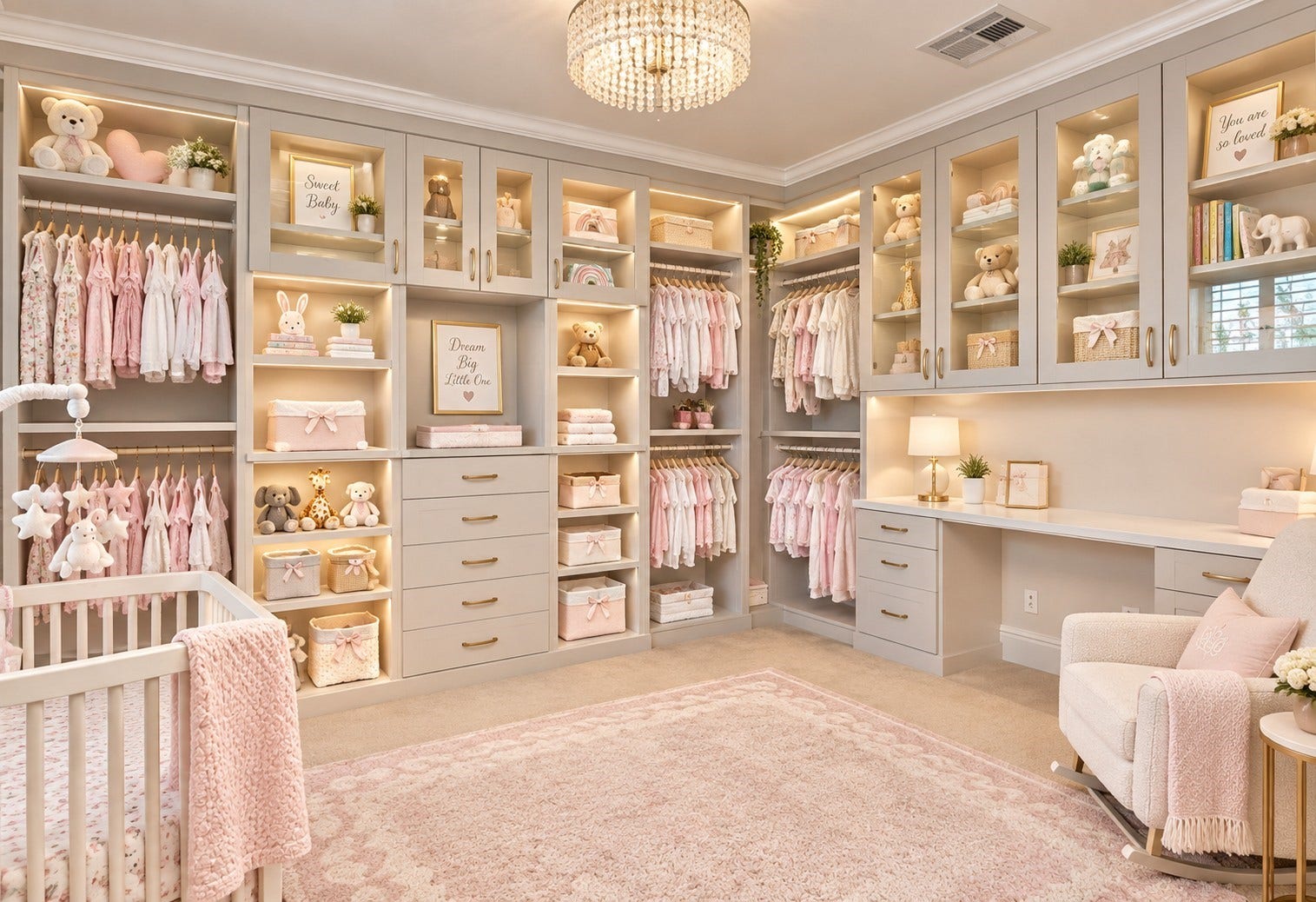 AI generated- bedroom virtually staged as a nursery.