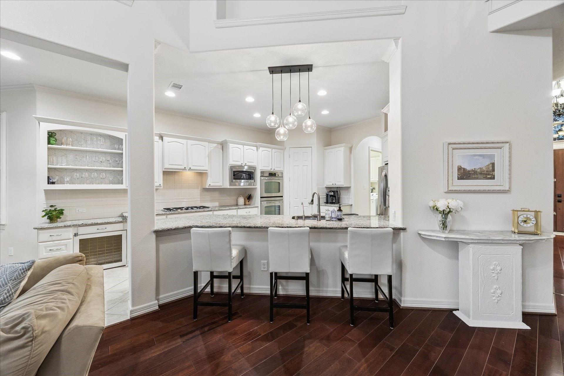A view of the kitchen from the living room