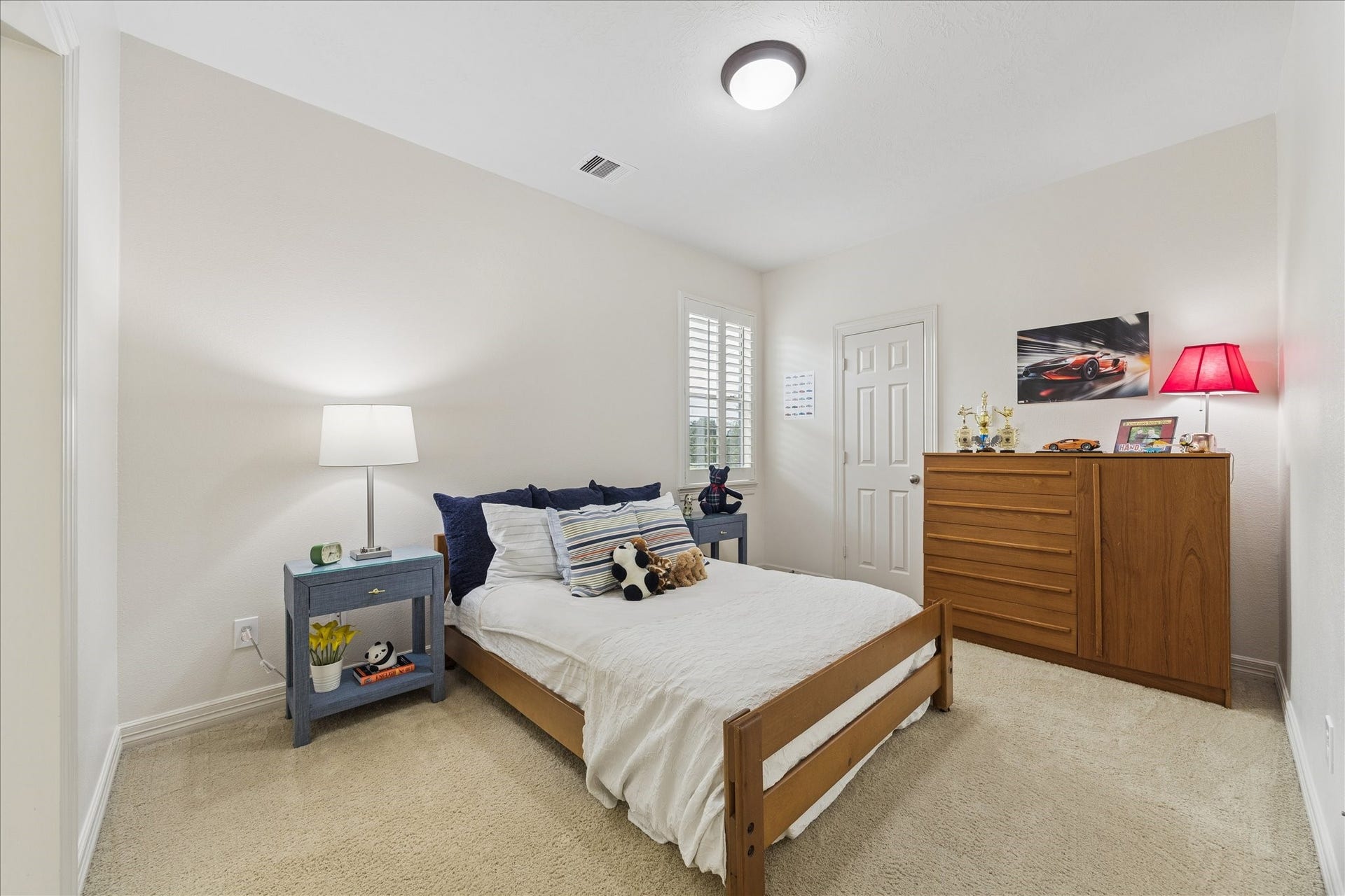 One of four secondary bedrooms upstairs.  This one shares an en suite tandem bath.