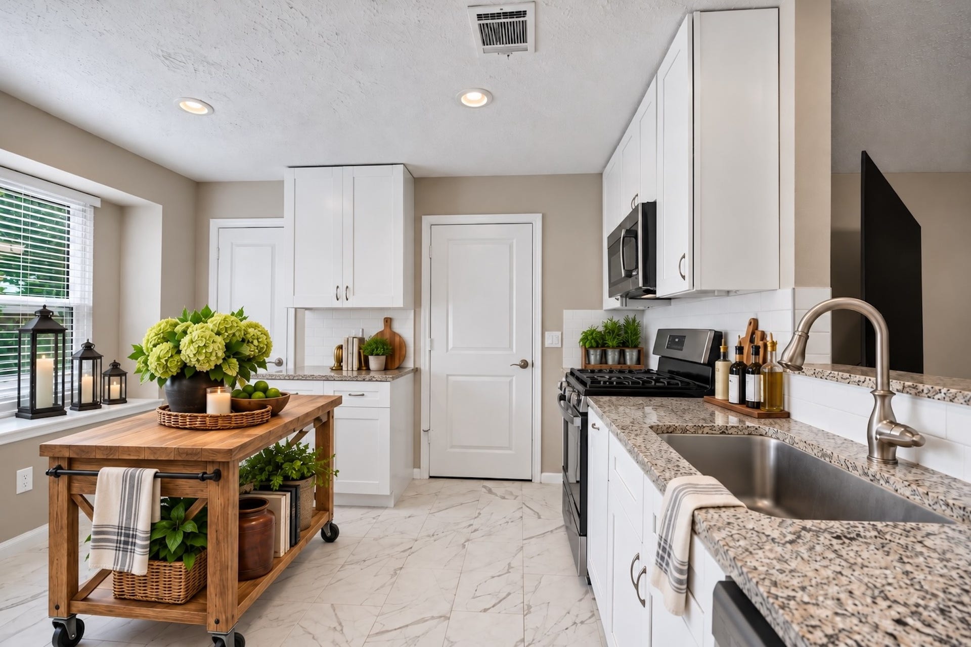 2419 Broken Elm Drive, Richmond, TX 77406 White cabinetry, granite counters, updated appliances and long stretches of prep space make this 12' x 13' kitchen as hardworking as it is inviting. Virtually staged for inspiration.