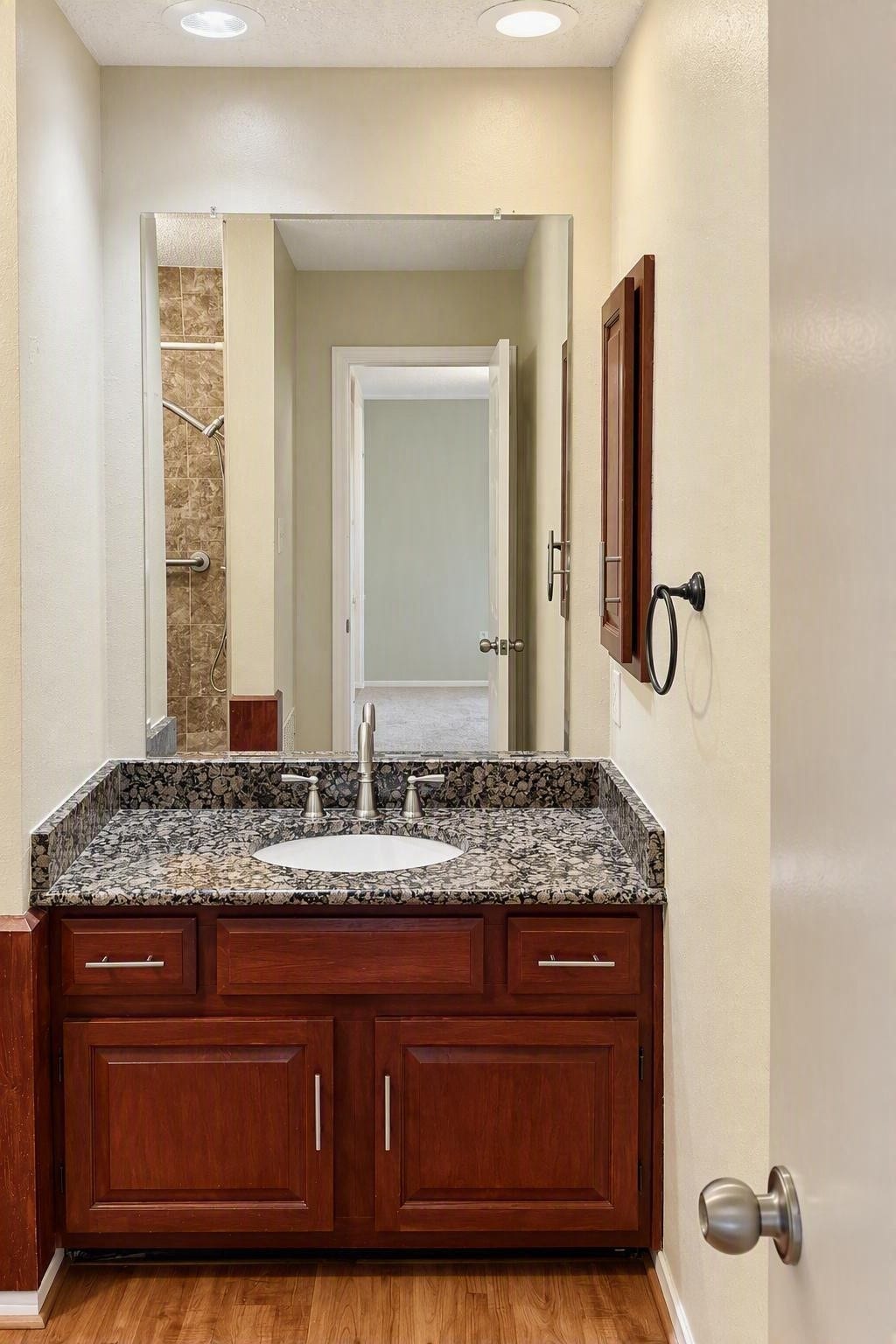 6631 Inwood West Drive, Houston, TX 77088 Granite counter-top and large under sink storage, with a wall cabinet for medicines and frequently used products, for ease of access.