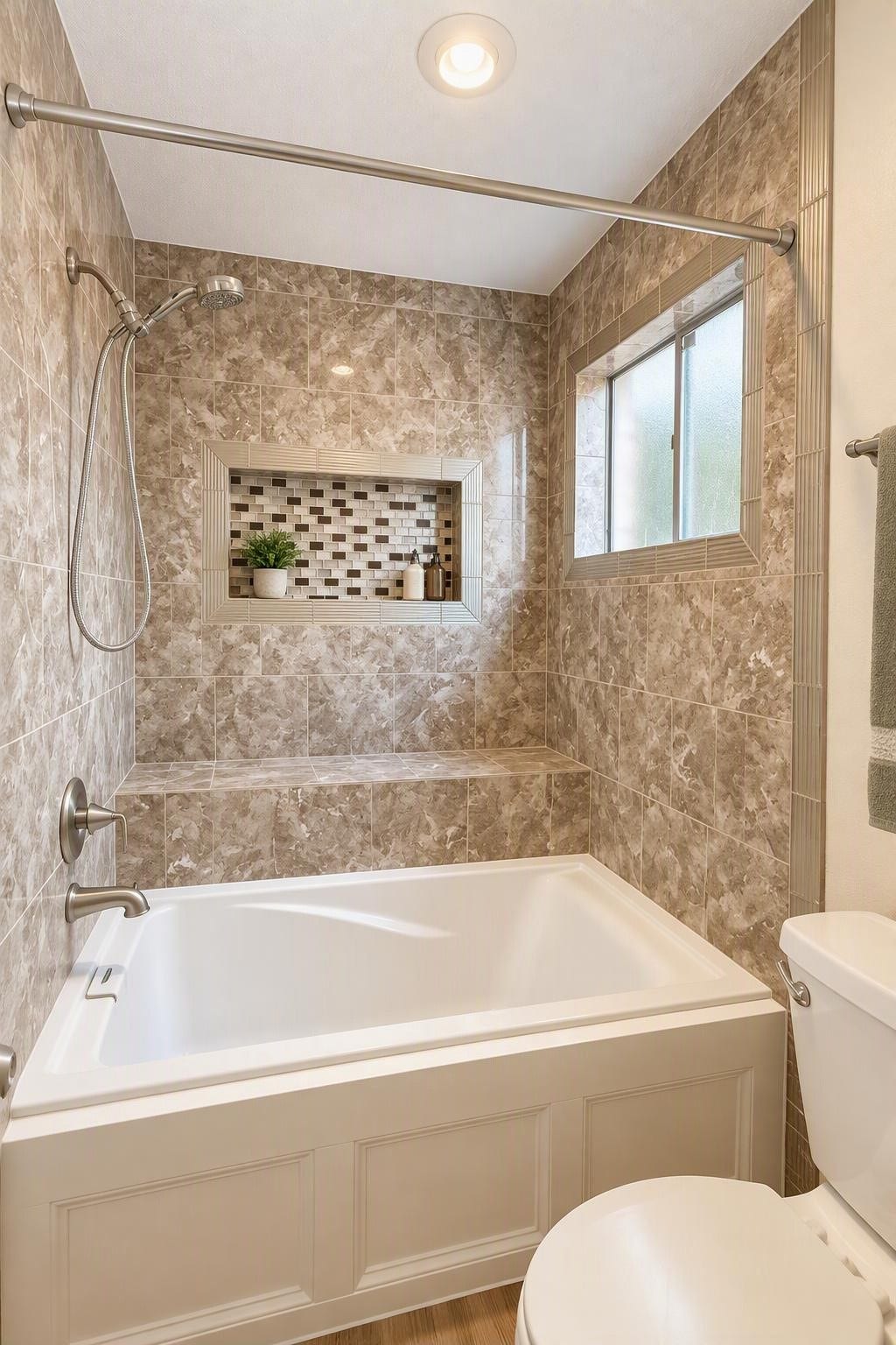 6631 Inwood West Drive, Houston, TX 77088 Soaking tub/Show combo with product storage shelf is perfect for guests, chikdren and a decorative sitting bench for luxurious foot soaks.