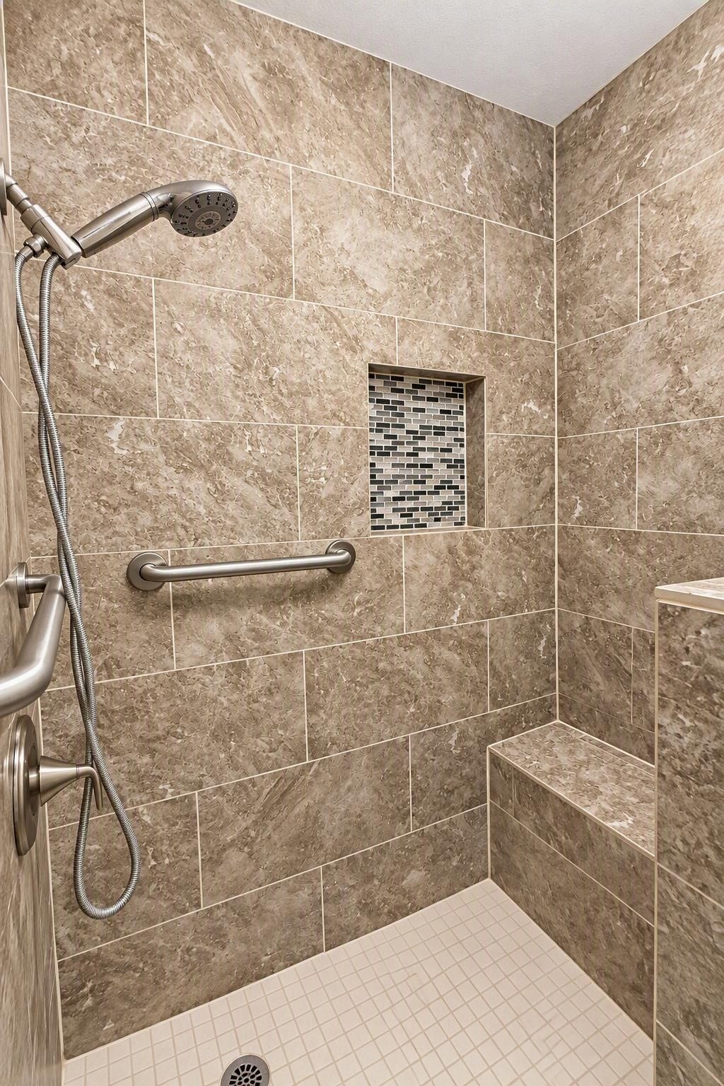 6631 Inwood West Drive, Houston, TX 77088 Walk in shower, with sitting bench, Stationary or handheld shower-head options, product storage shelf