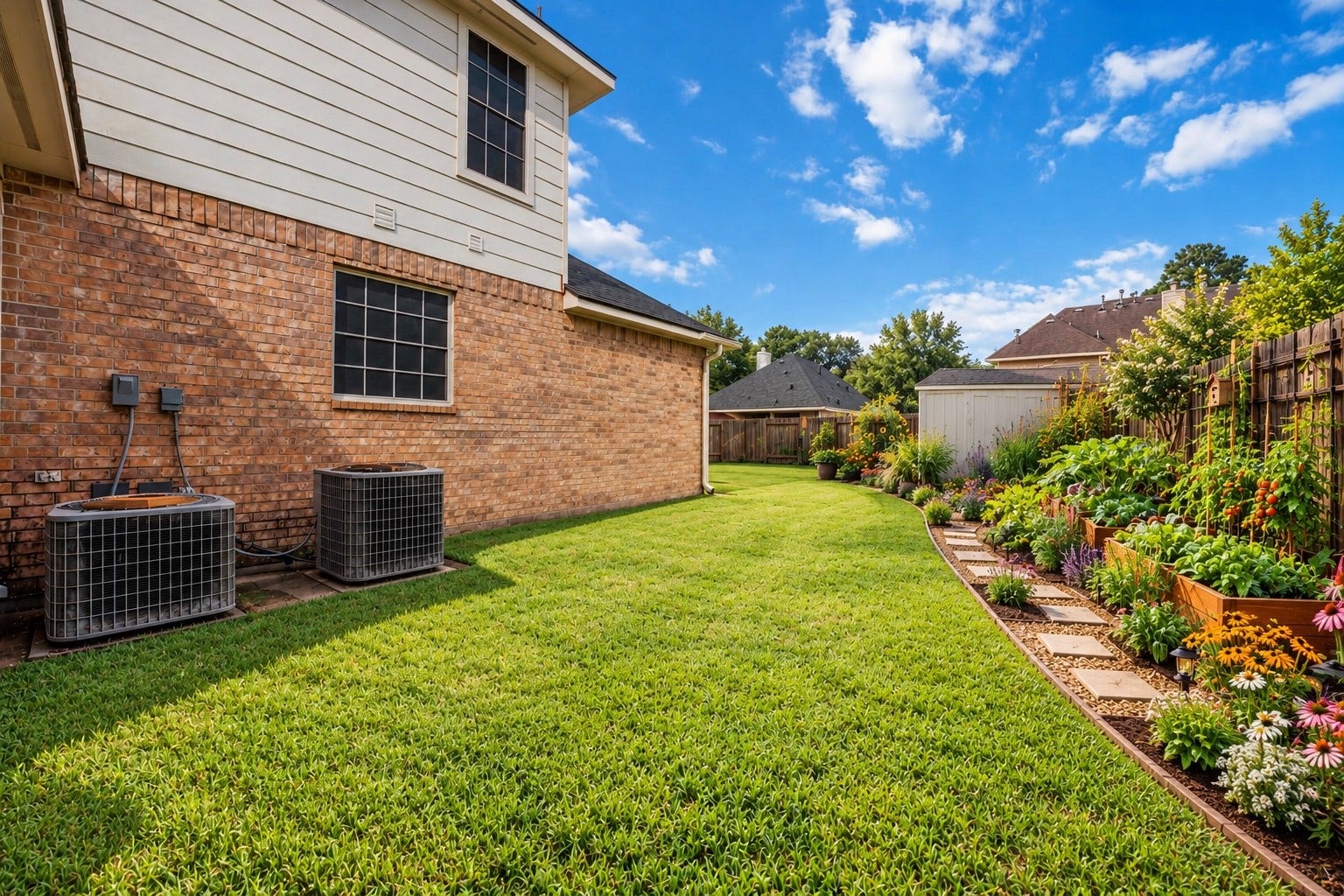 Digitally enhanced image portraying a possible garden next to your new home.