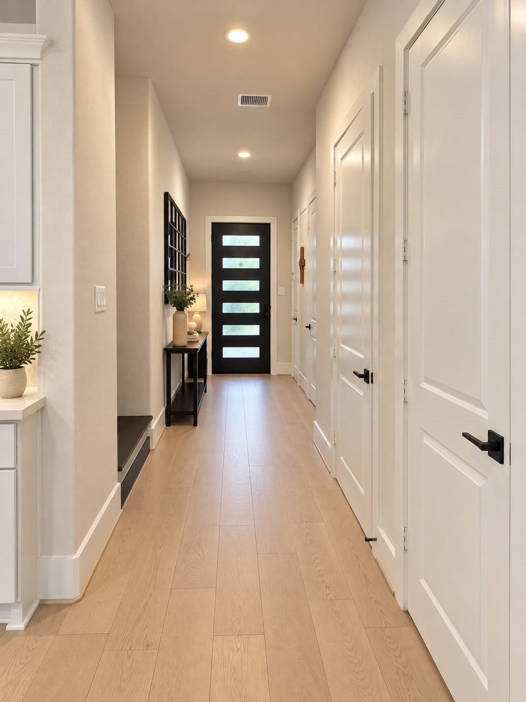 413 Forest Reserve Place, Houston, TX 77079 Welcoming entry hallway with a modern front door, recessed lighting, light wood-look flooring, and clean contemporary finishes.