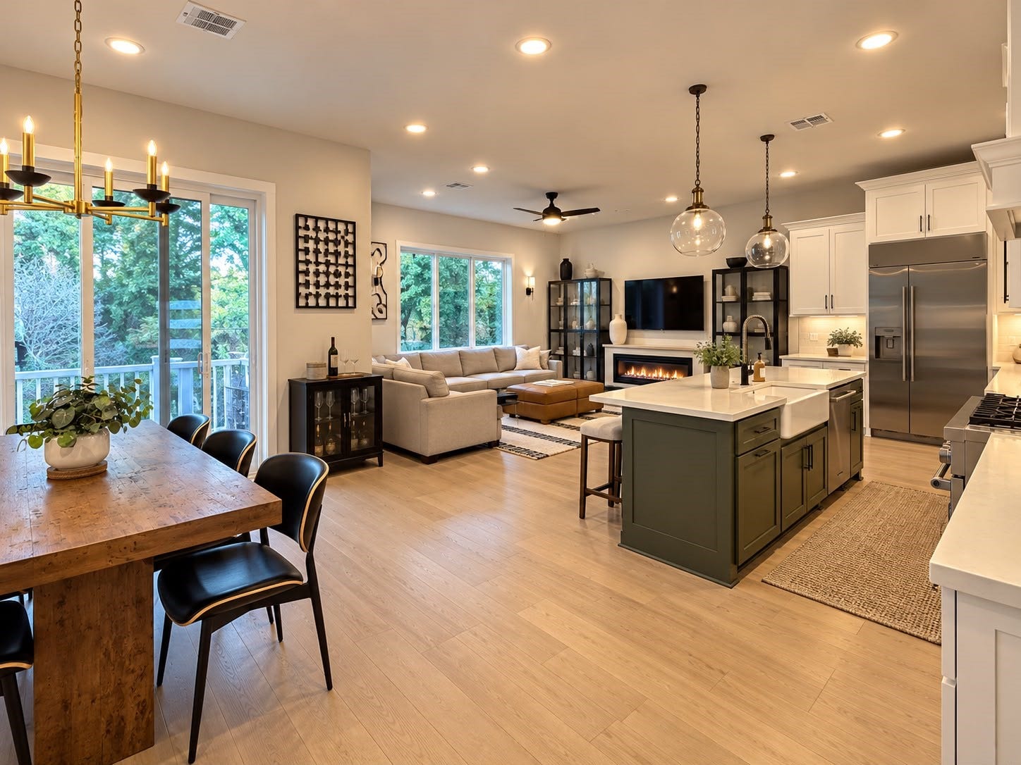 413 Forest Reserve Place, Houston, TX 77079 Living Room, Kitchen, and Dining Area: Open-concept living space featuring a modern kitchen with a large island, white cabinetry, stainless steel appliances, and a dining area with abundant natural light.