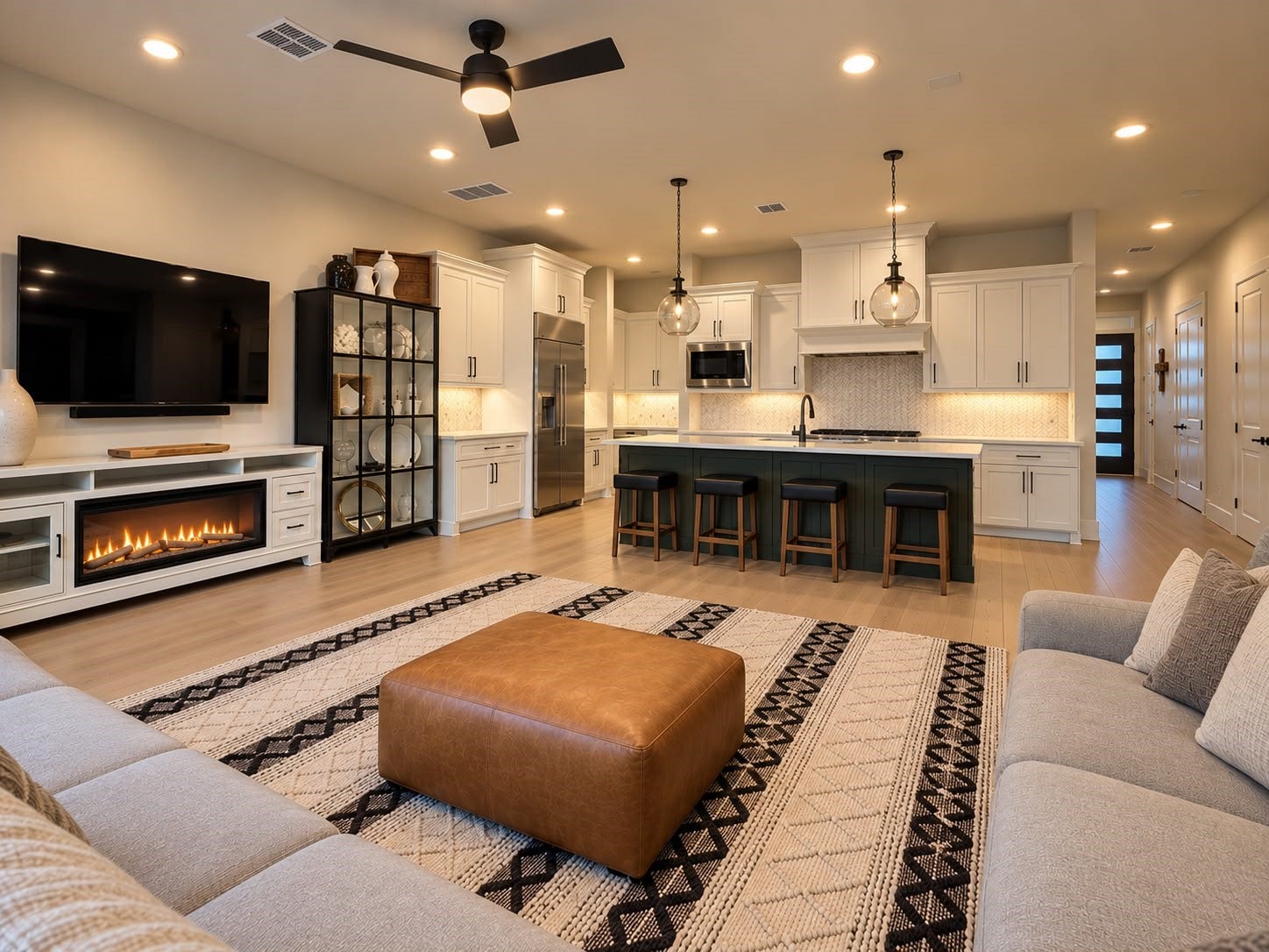 413 Forest Reserve Place, Houston, TX 77079 Spacious open-concept living area with a cozy fireplace, contemporary furnishings, a stylish kitchen island, and elegant pendant lighting.