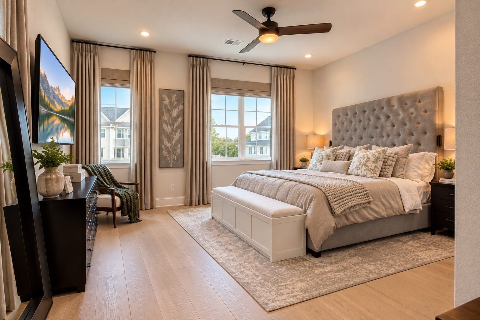 413 Forest Reserve Place, Houston, TX 77079 Spacious primary bedroom featuring a tufted upholstered headboard, large windows, elegant curtains, and warm wood-look flooring.