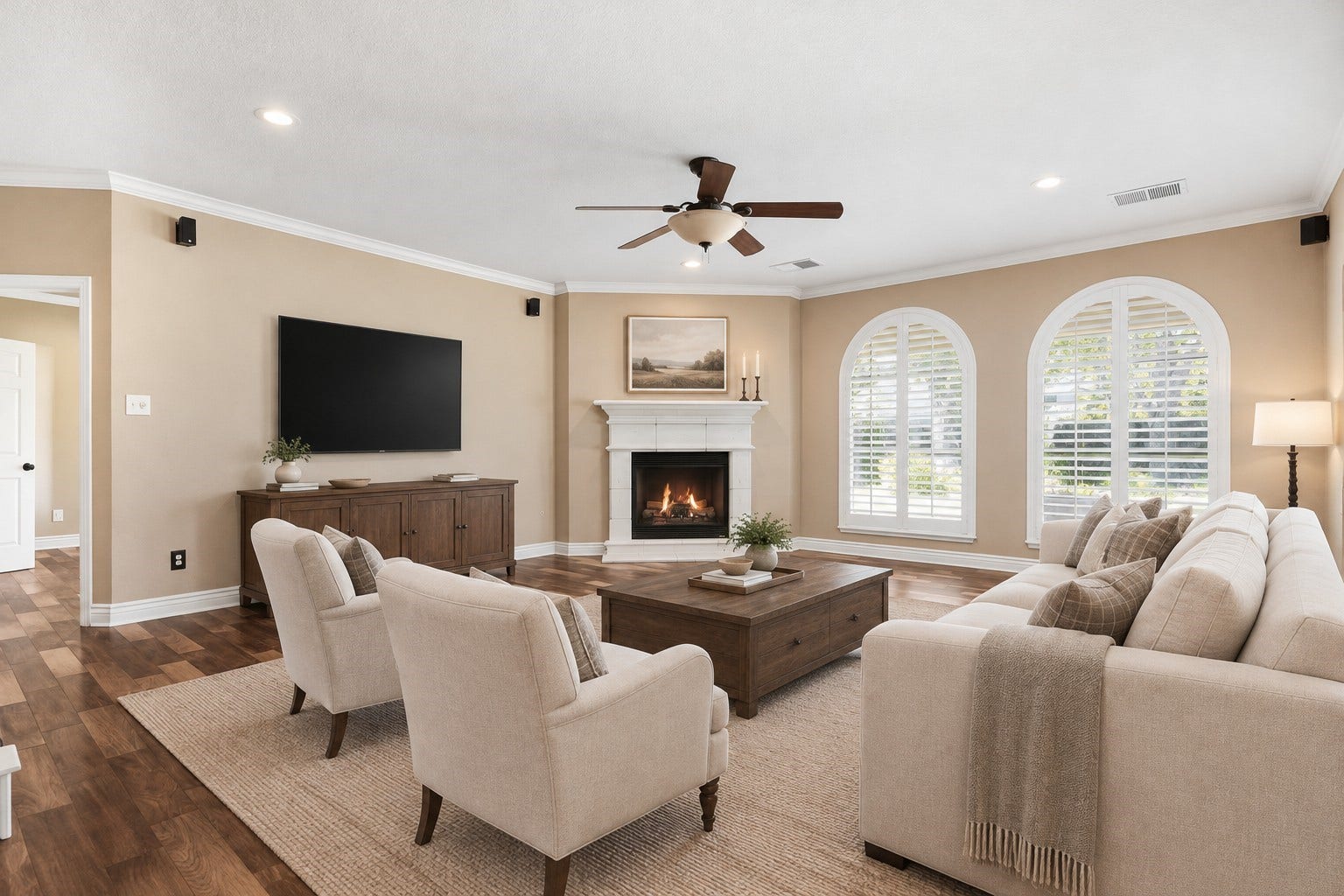20210 Prim Pine Court, Cypress, TX 77433 Arched windows and a gas fireplace create a warm, inviting living space. *AI staged*
