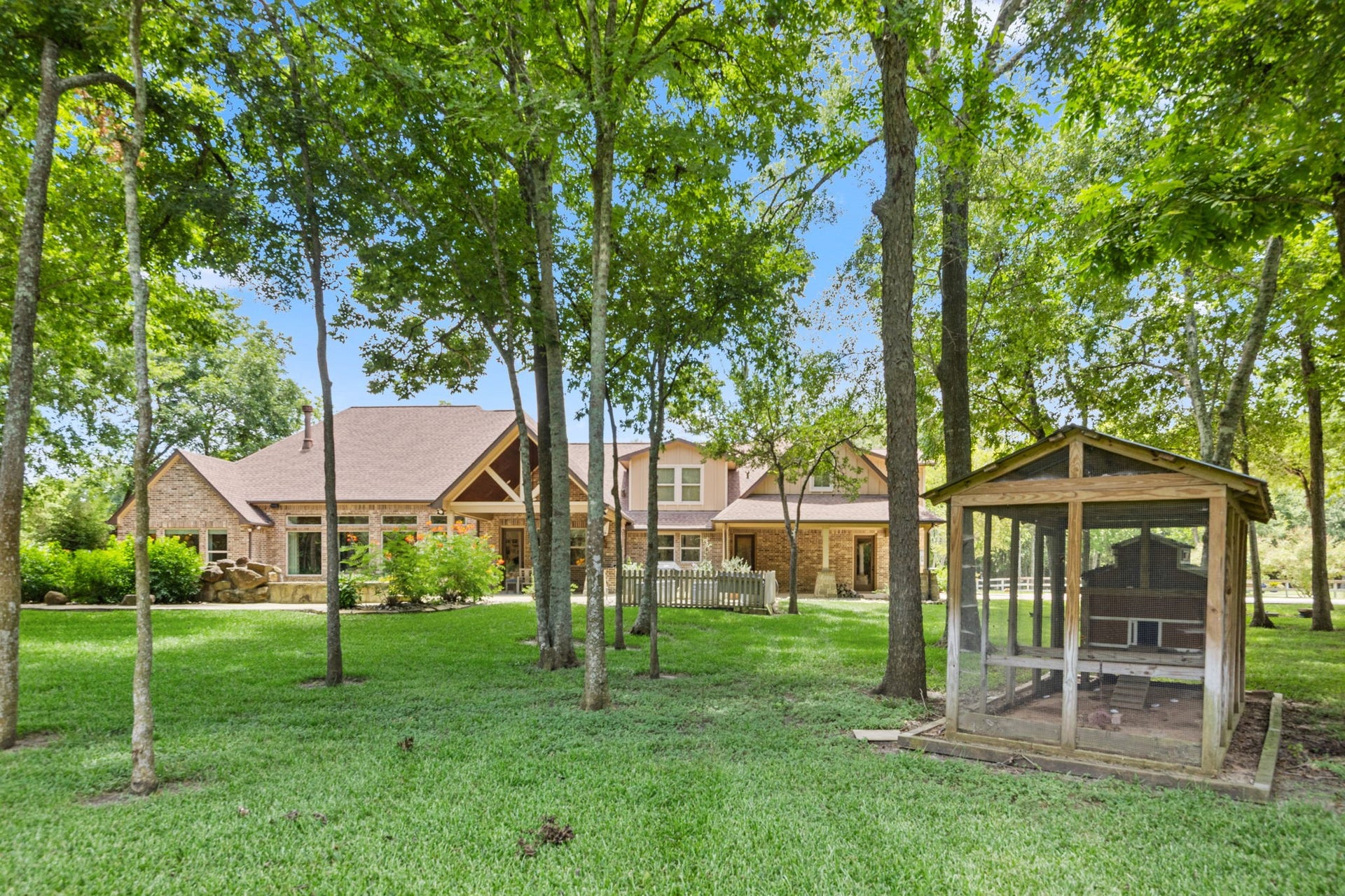 2734 Forest View, Richmond, TX 77406 Peaceful, quite, forested grounds. Chicken coup and six elevated, irrigated garden beds for homegrown vegetables and herbs.