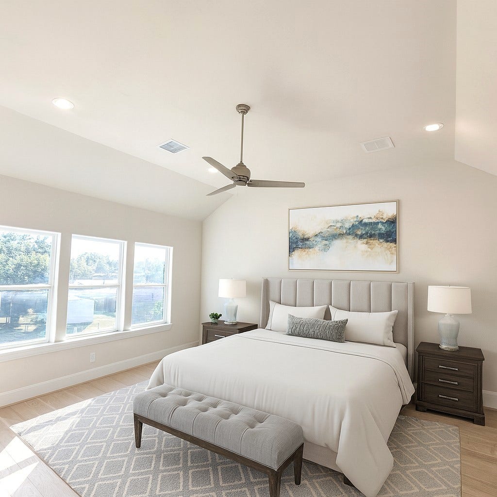 Vaulted Ceilings in the Primary Bedroom.  Wide Plank Wood Flooring.  (picture was virtually staged)