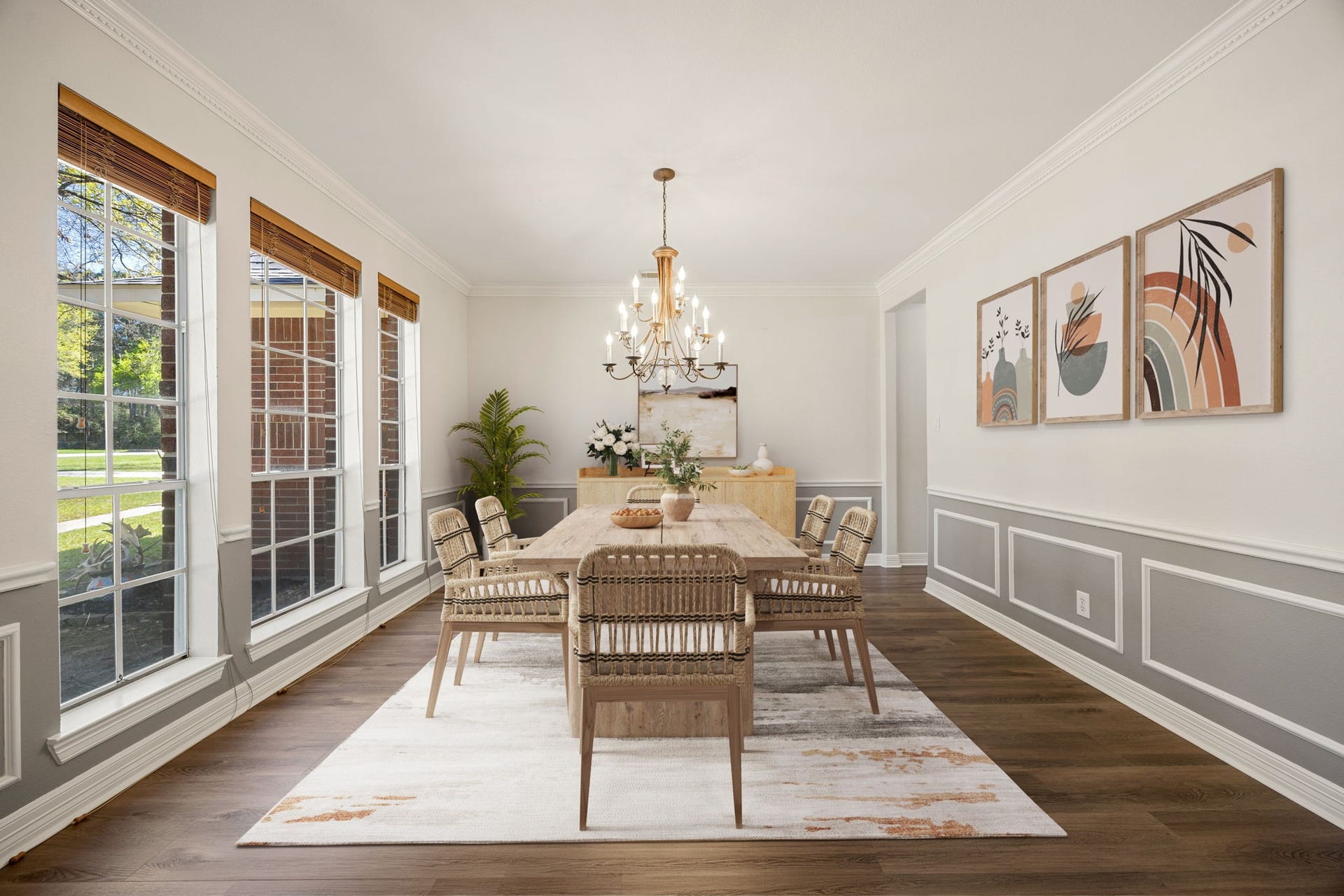 Beautiful formal dining room with oversized windows, elegant lighting, and detailed trim work, offering the perfect setting for entertaining guests and enjoying memorable meals. *virtually staged*