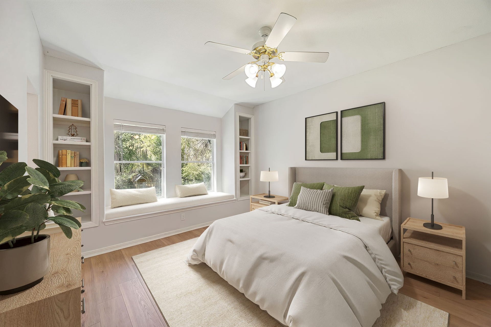 Spacious bedroom with built-in shelving, window seating, and plenty of natural light. This room offers a comfortable layout perfect for family, guests, or a home office. *virtually staged*