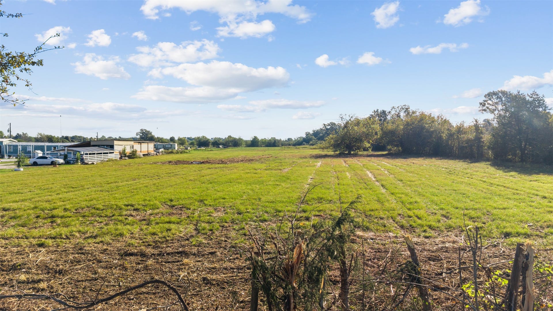 Another perspective of the expansive acreage, showcasing the predominantly cleared landscape, open grassy areas, and established trees along the propertys edge.