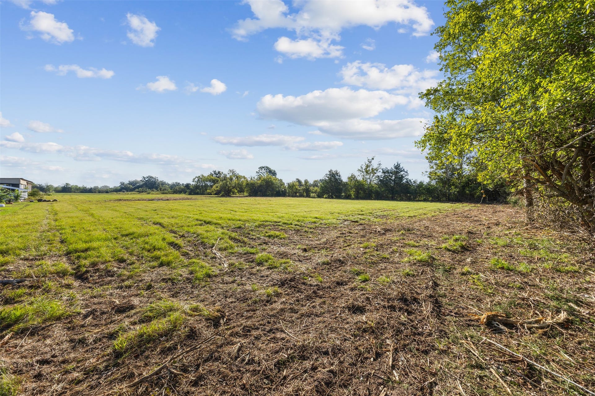 Expansive views of 5.74 unrestricted acres featuring open, cleared land framed by mature trees and the peaceful surroundings of Waller County.