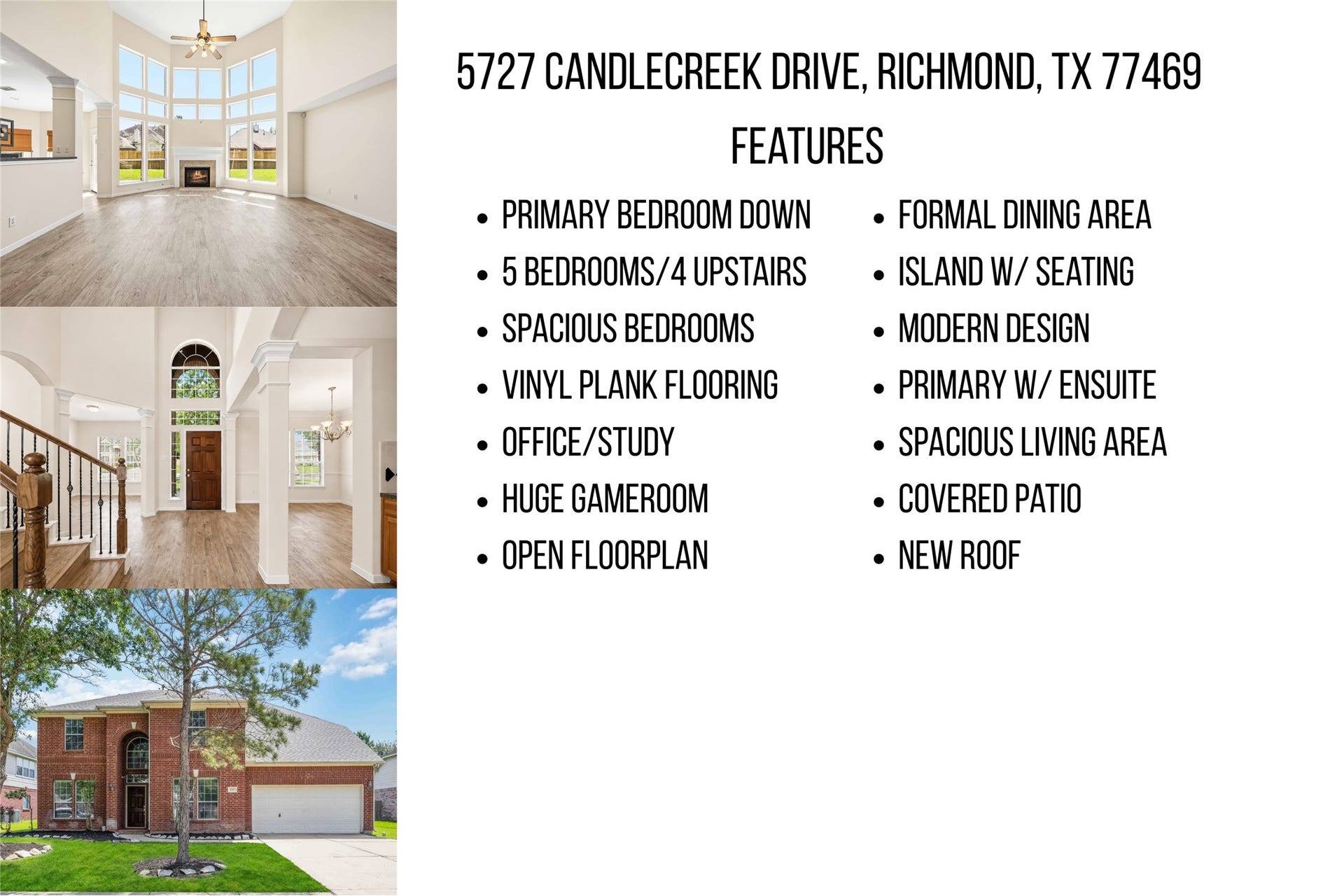 5727 Candlecreek Drive, Richmond, TX 77469 A quick visual snapshot highlights the variety of spaces available throughout the home. From entertaining areas to everyday living spaces, there is room for life to happen comfortably.