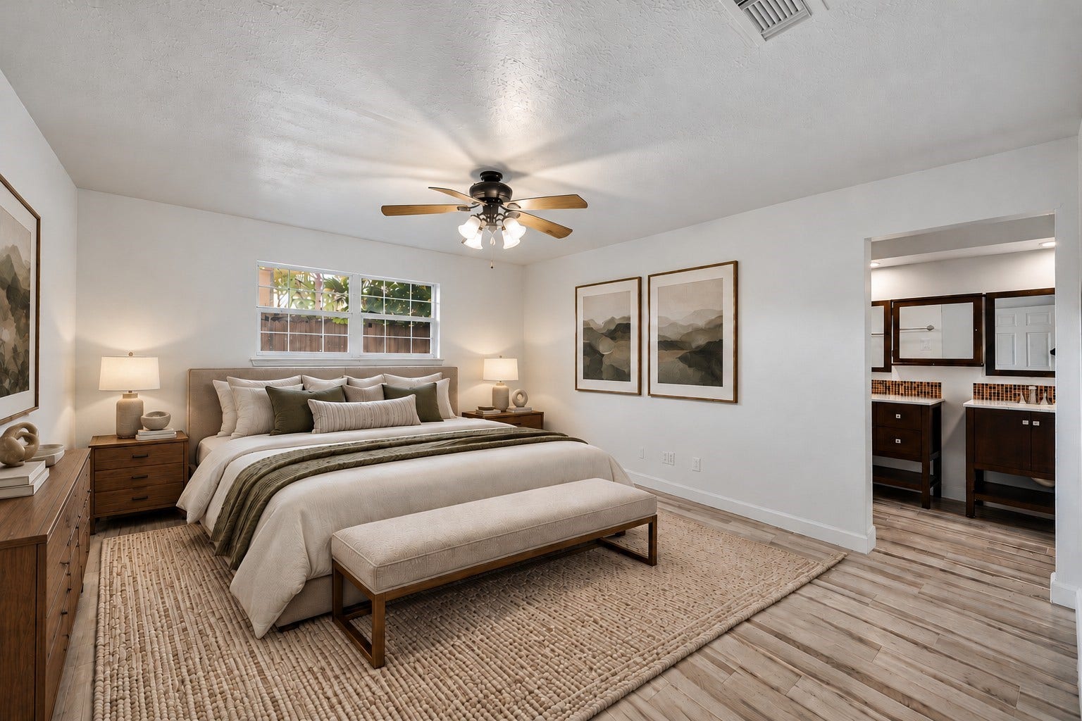 22711 Provincial Boulevard, Katy, TX 77450 Virtually Staged: Designed with generous proportions and effortless flow, this tranquil primary suite provides plenty of breathing room to unwind. A central lighting fixture illuminates the room, complementing the natural light that filters in through the exterior window.