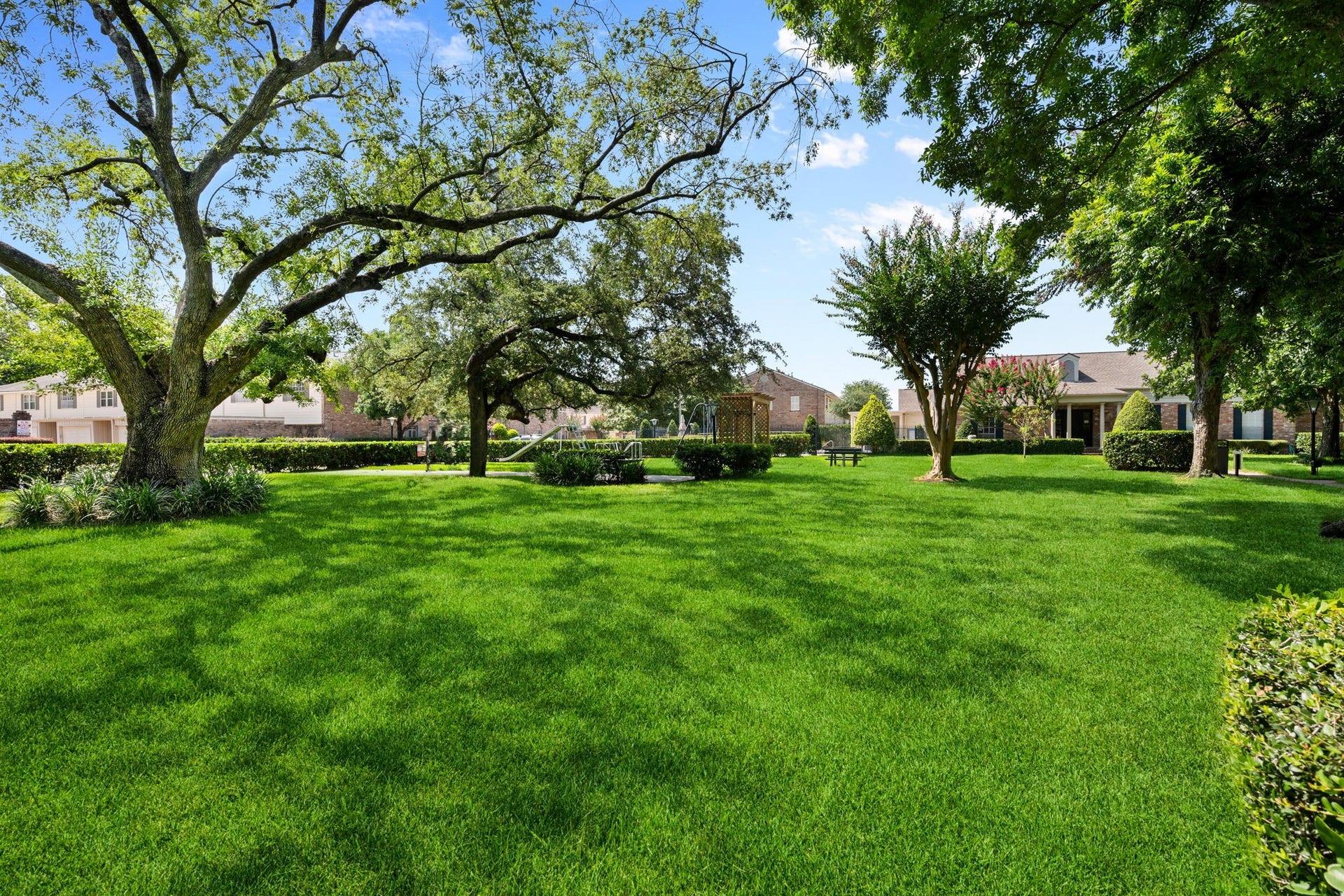 5819 Valley Forge Drive, #91, Houston, TX 77057 Expansive, lush green lawn shaded by mature trees, perfect for outdoor relaxation and gatherings, with charming homes in the background.