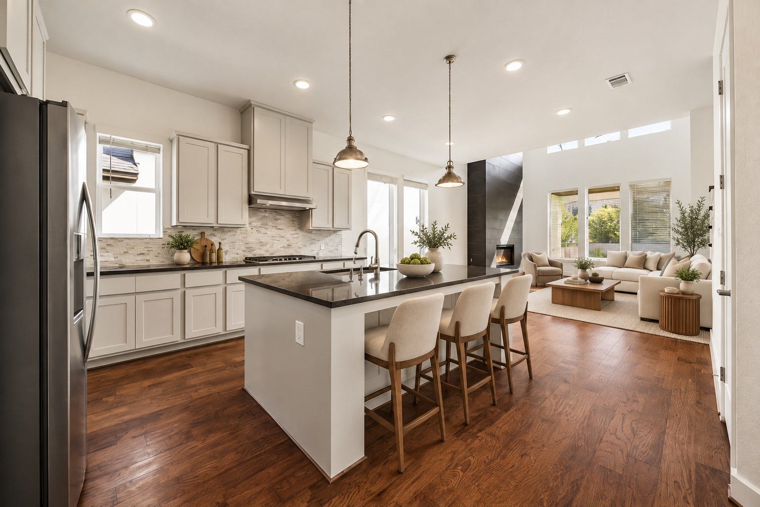 6 Clearview Terrace Place, Tomball, TX 77375 Open-concept kitchen and living area with a large island, abundant natural light.
