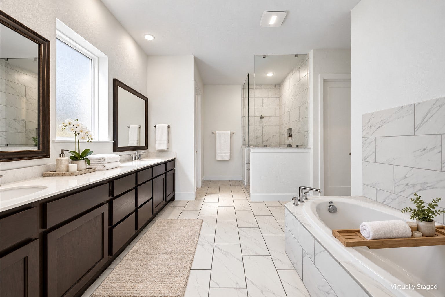 6 Clearview Terrace Place, Tomball, TX 77375 Spacious primary bathroom with dual vanities, soaking tub-in shower, and his-and-hers walk-in closet.