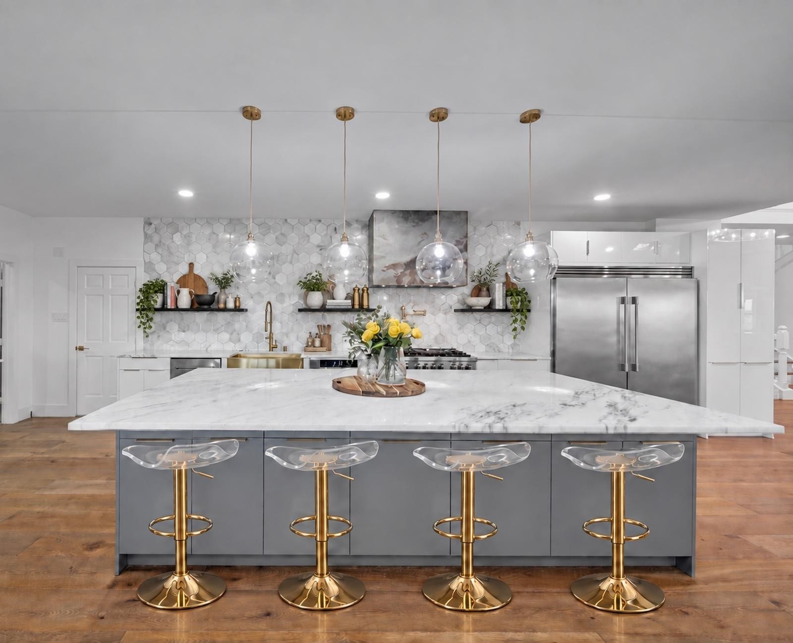 11 W Kitty Hawk ST, Richmond, TX 77406 A true centerpiece of the homethis beautifully remodeled kitchen showcases an impressive oversized island, sleek custom cabinetry, statement lighting, premium appliances, and elegant designer finishes.