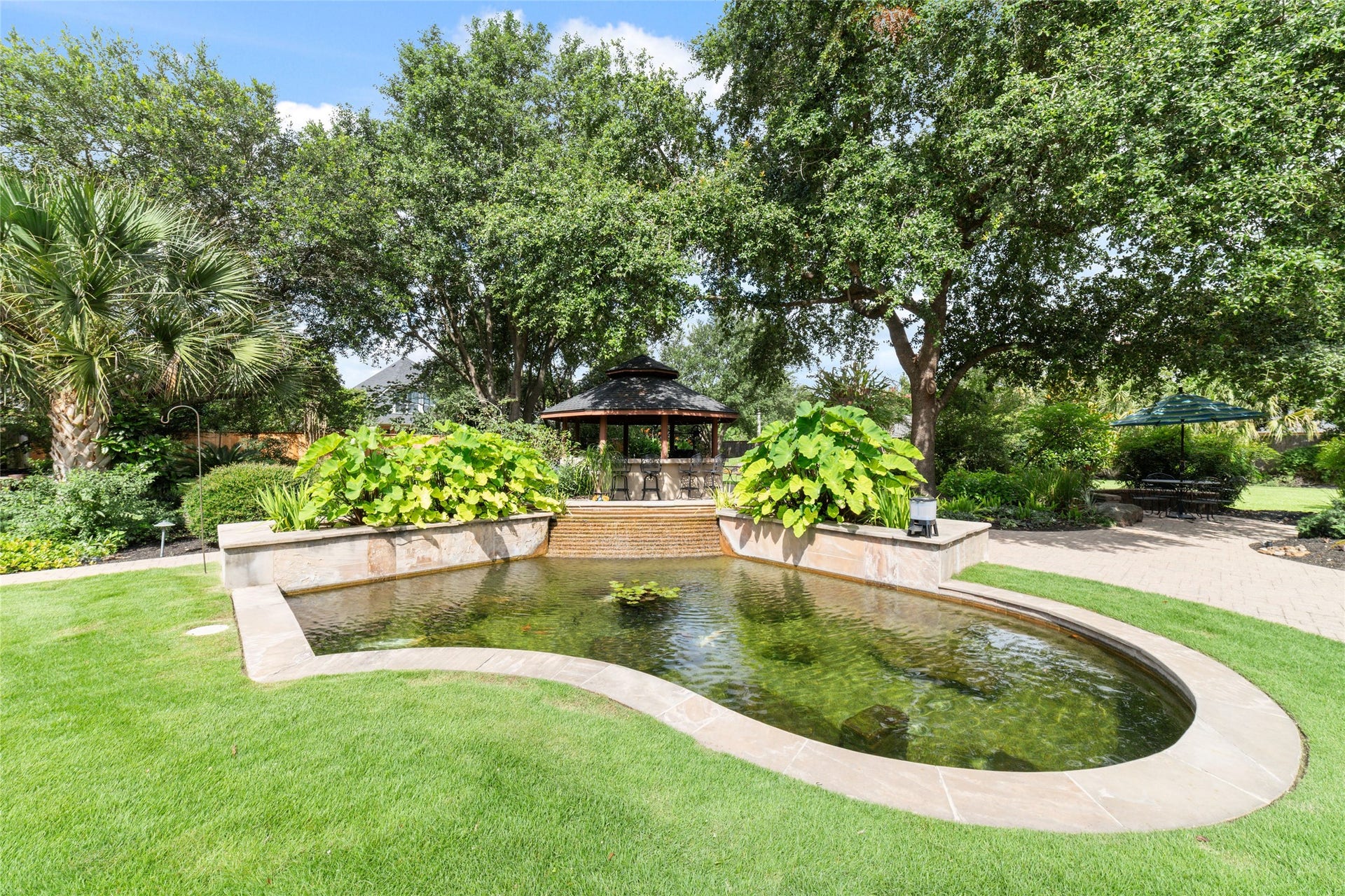 Koi pond with a serene waterfall.