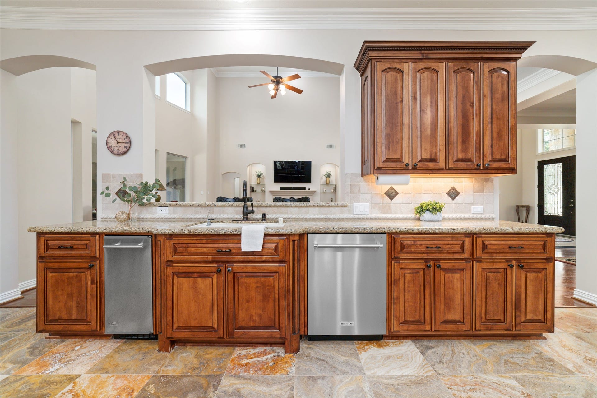 A view of the family room from the kitchen.