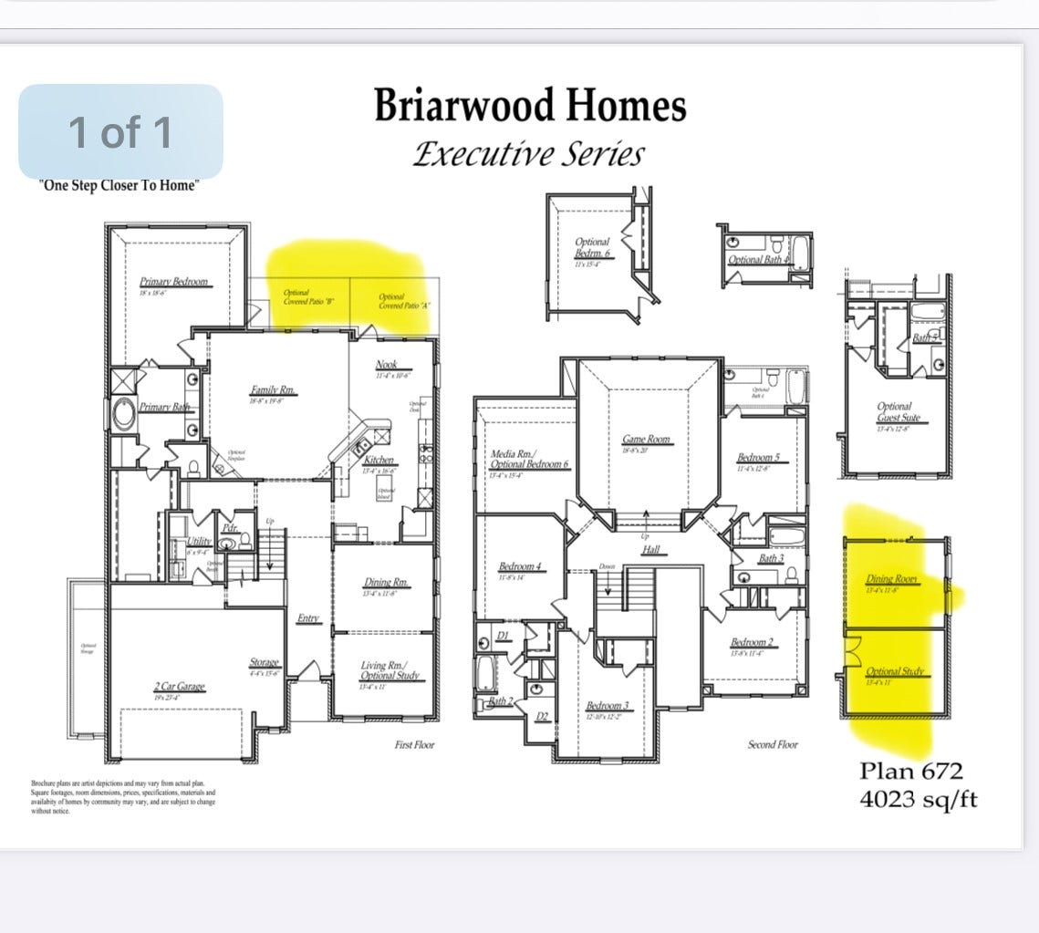 Home floorplan with room square footage. The yellow highlighted areas are the options included in the home!