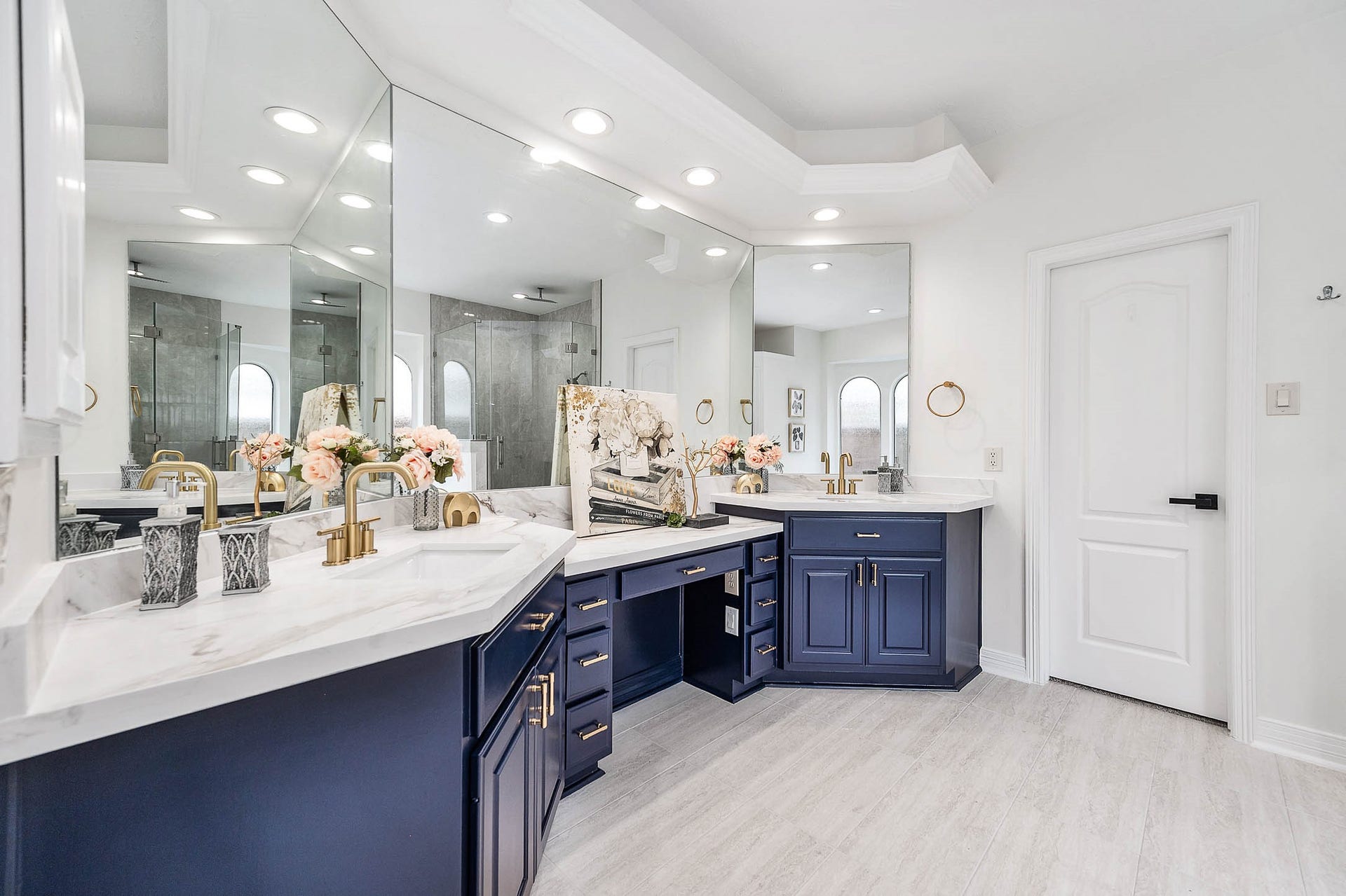 12119 Cielio Bay Lane, Houston, TX 77041 Primary bathroom was upgraded with new countertop, new tiles, new faucet and lighting fixtures, glass doors in standup shower etc.