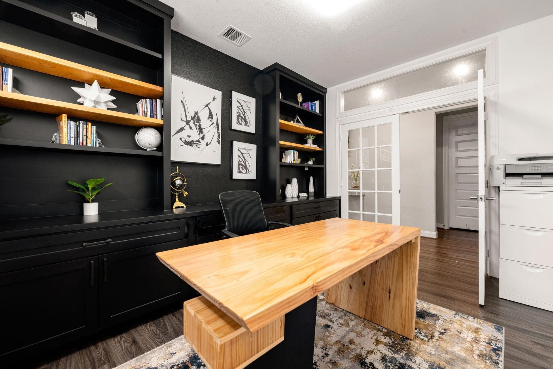 20422 Alpine Meadow Place, Richmond, TX 77407 Double doors open to a quiet home office with full-wall built-ins, perfect for working from home.