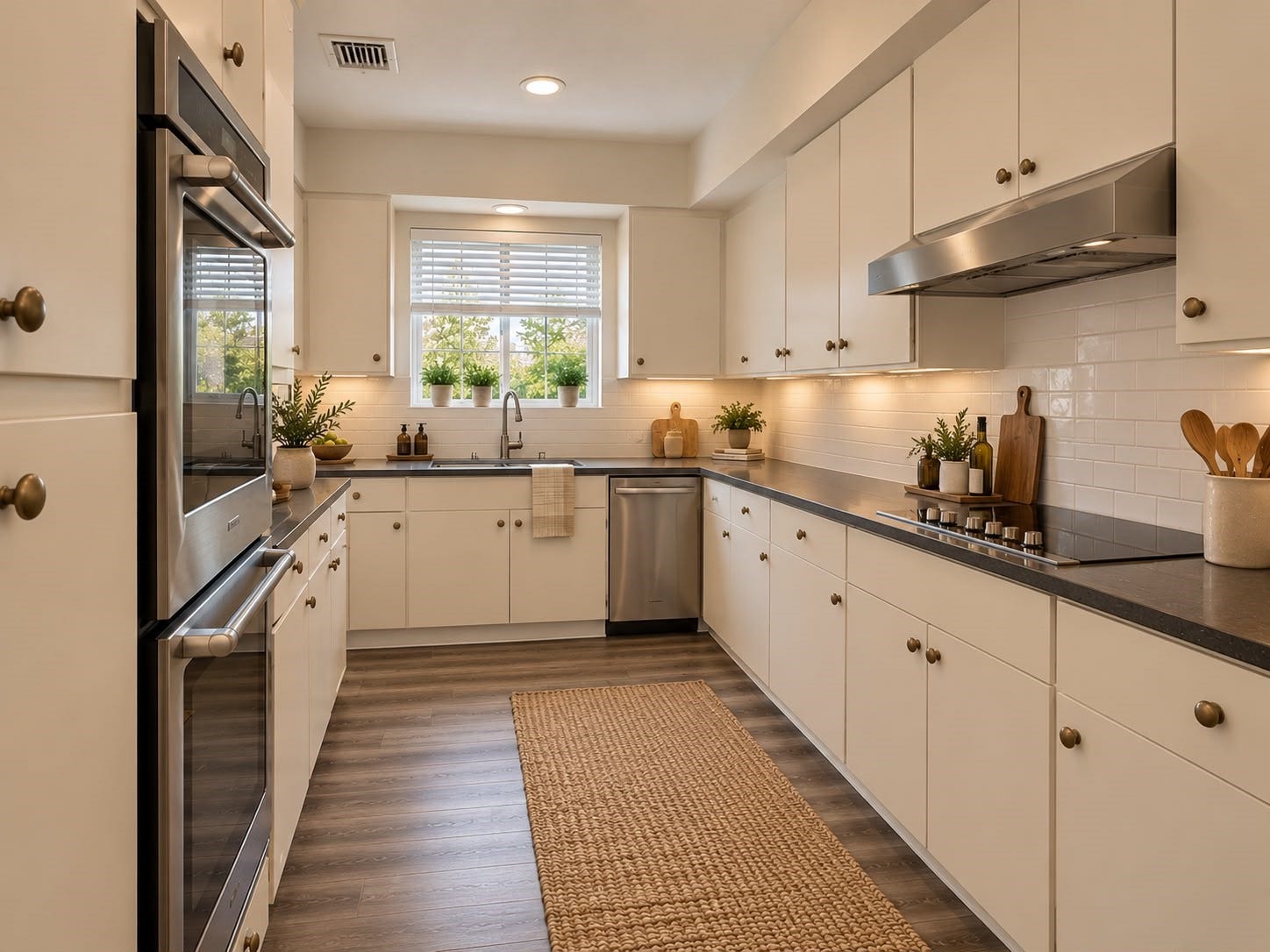 1402 Chardonnay Drive, Houston, TX 77077 Bright kitchen featuring white cabinetry, stainless steel appliances, modern lighting, and ample counter space.
