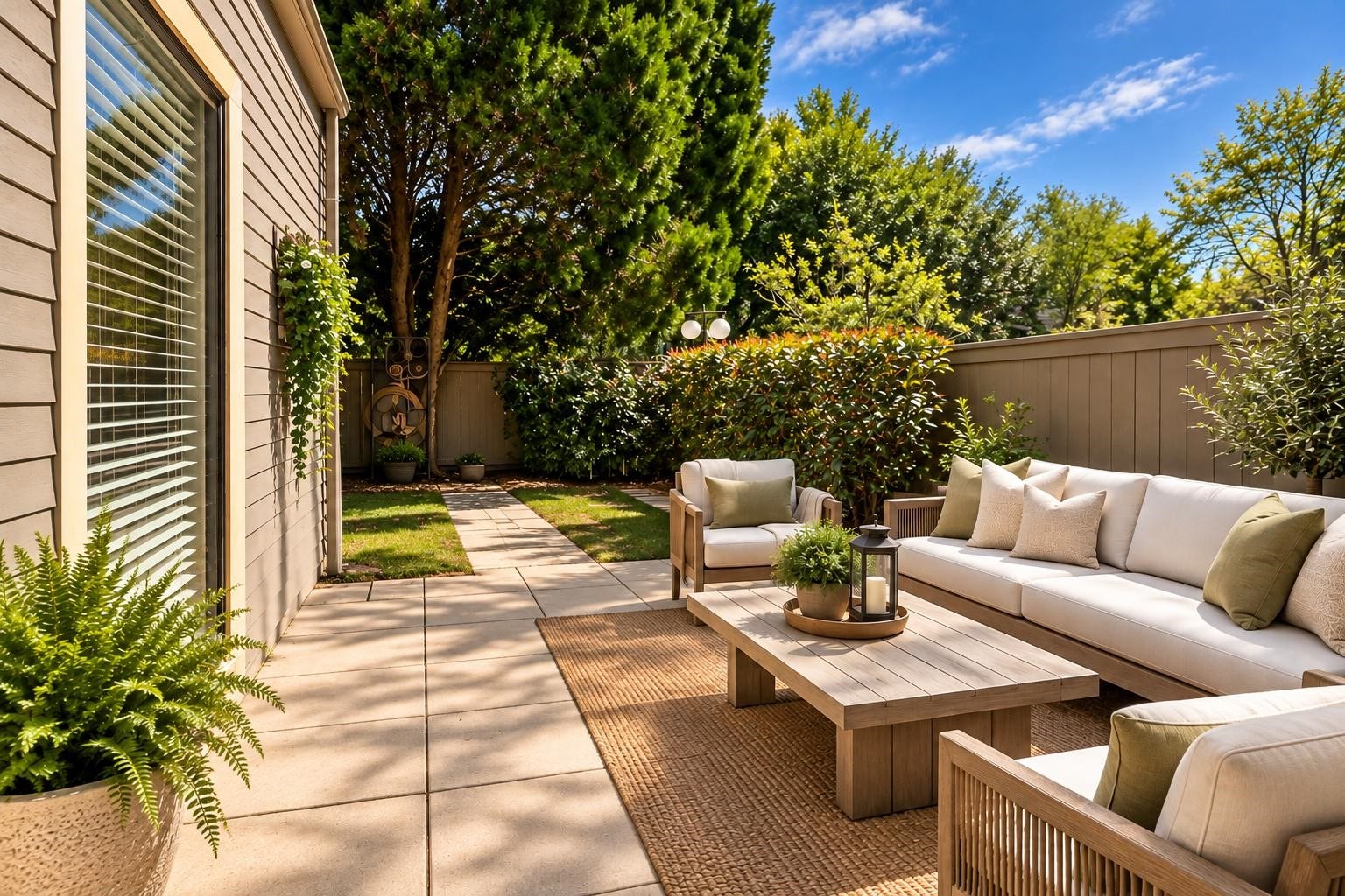 1402 Chardonnay Drive, Houston, TX 77077 Private, fenced backyard with a paved patio, mature- greenery, and an inviting outdoor seating area. virtually staged