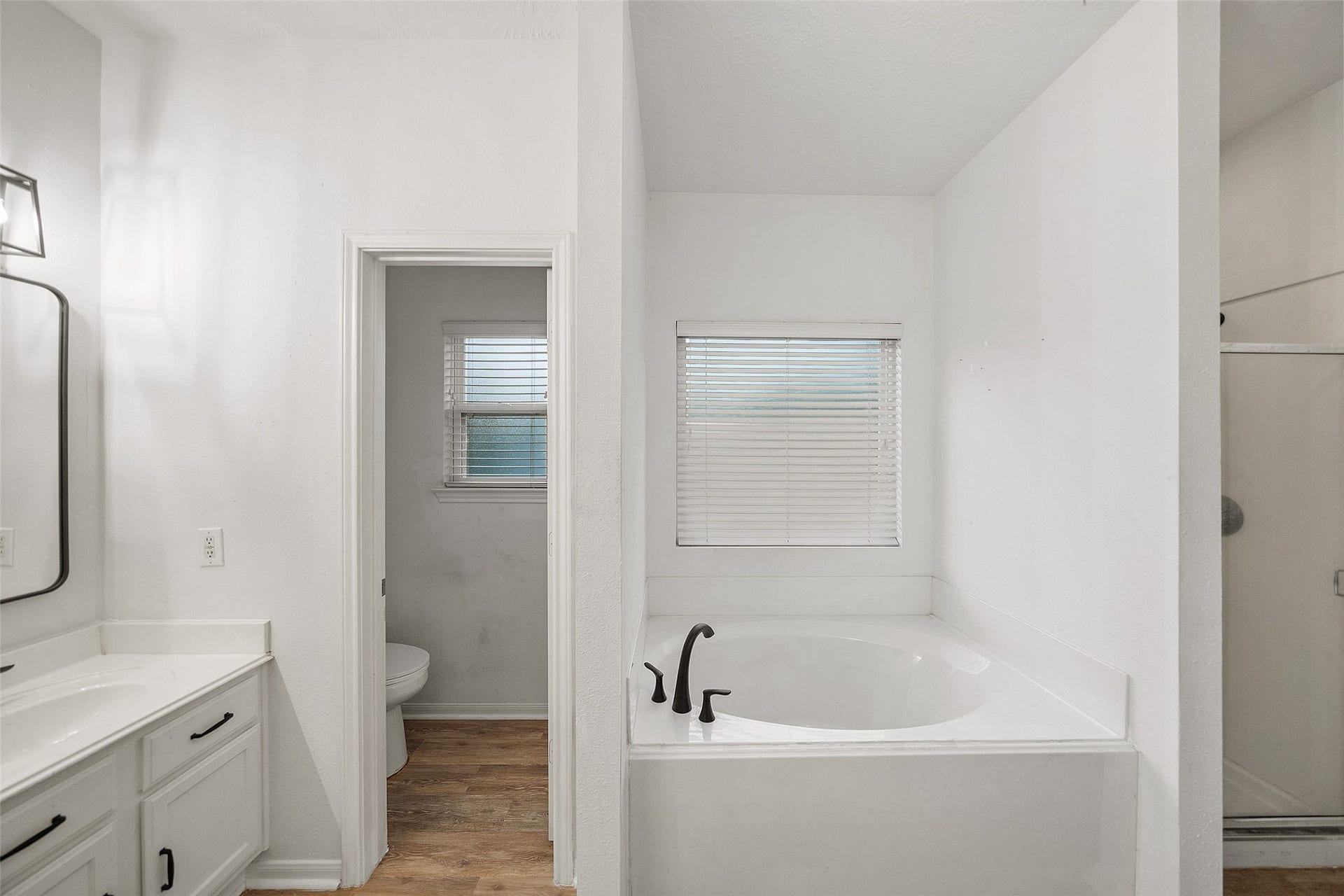 Spacious primary bathroom featuring a soaking tub, separate shower, enclosed toilet area, and natural light.
