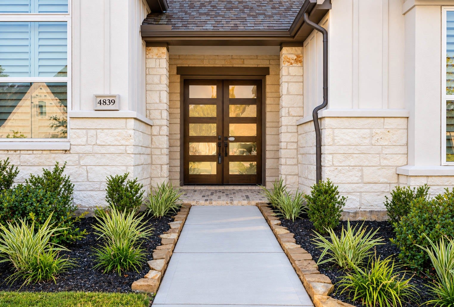 4839 Summer Place Court, Fulshear, TX 77441 Elegant entryway with a modern double glass-paneled door, surrounded by neatly landscaped greenery and stone accents. Gutters installed.