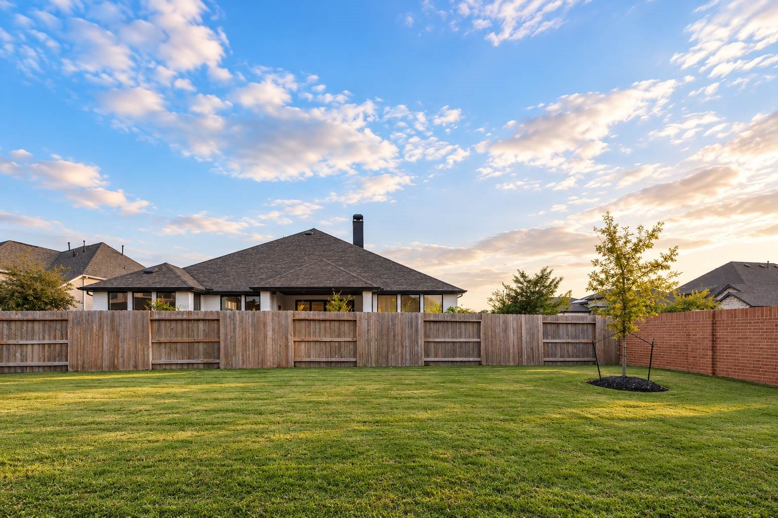 4839 Summer Place Court, Fulshear, TX 77441 Expansive backyard with lush green lawn, bordered by a wooden fence and enhanced by a young tree, perfect for outdoor activities and relaxation.