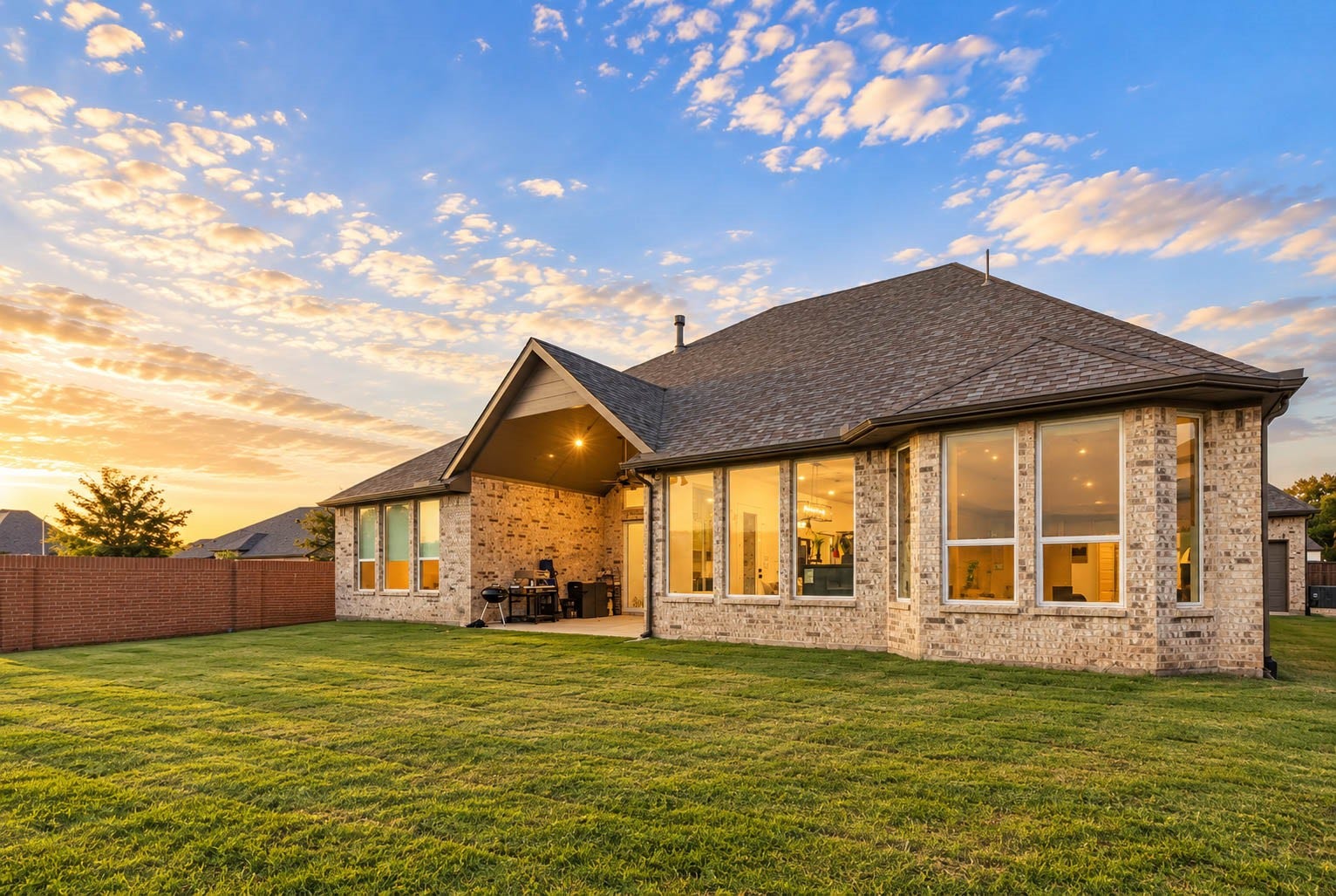 4839 Summer Place Court, Fulshear, TX 77441 Experience serene living in this modern brick home featuring expansive windows that flood the interior with natural light. The spacious backyard is perfect for outdoor activities, while the covered patio offers a cozy spot for relaxation.